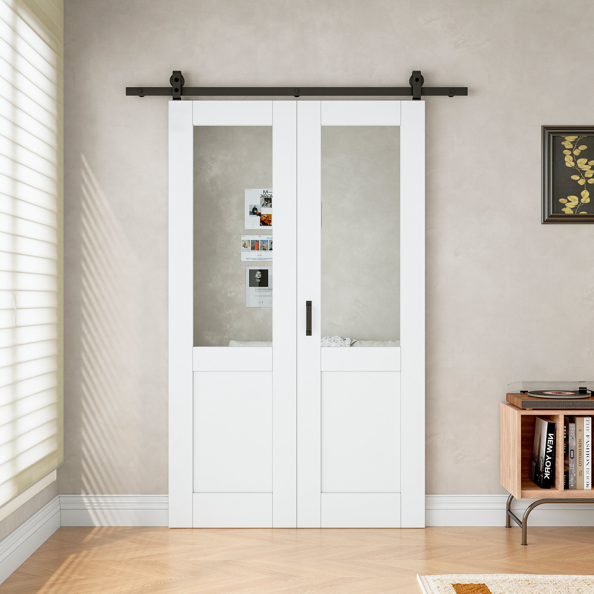 [Paintable] Half Lite Mirror Bifold Sliding Barn Door, Prefinished & Paintable Surface with Hardware Kit