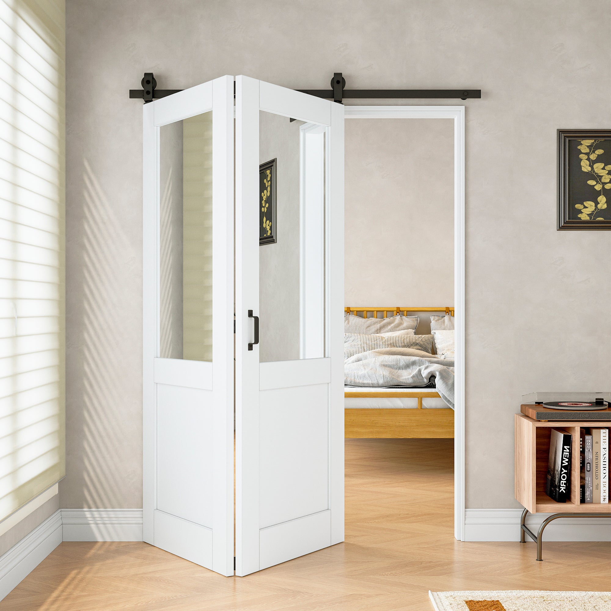 [Paintable] Half Lite Mirror Bifold Sliding Barn Door, Prefinished & Paintable Surface with Hardware Kit