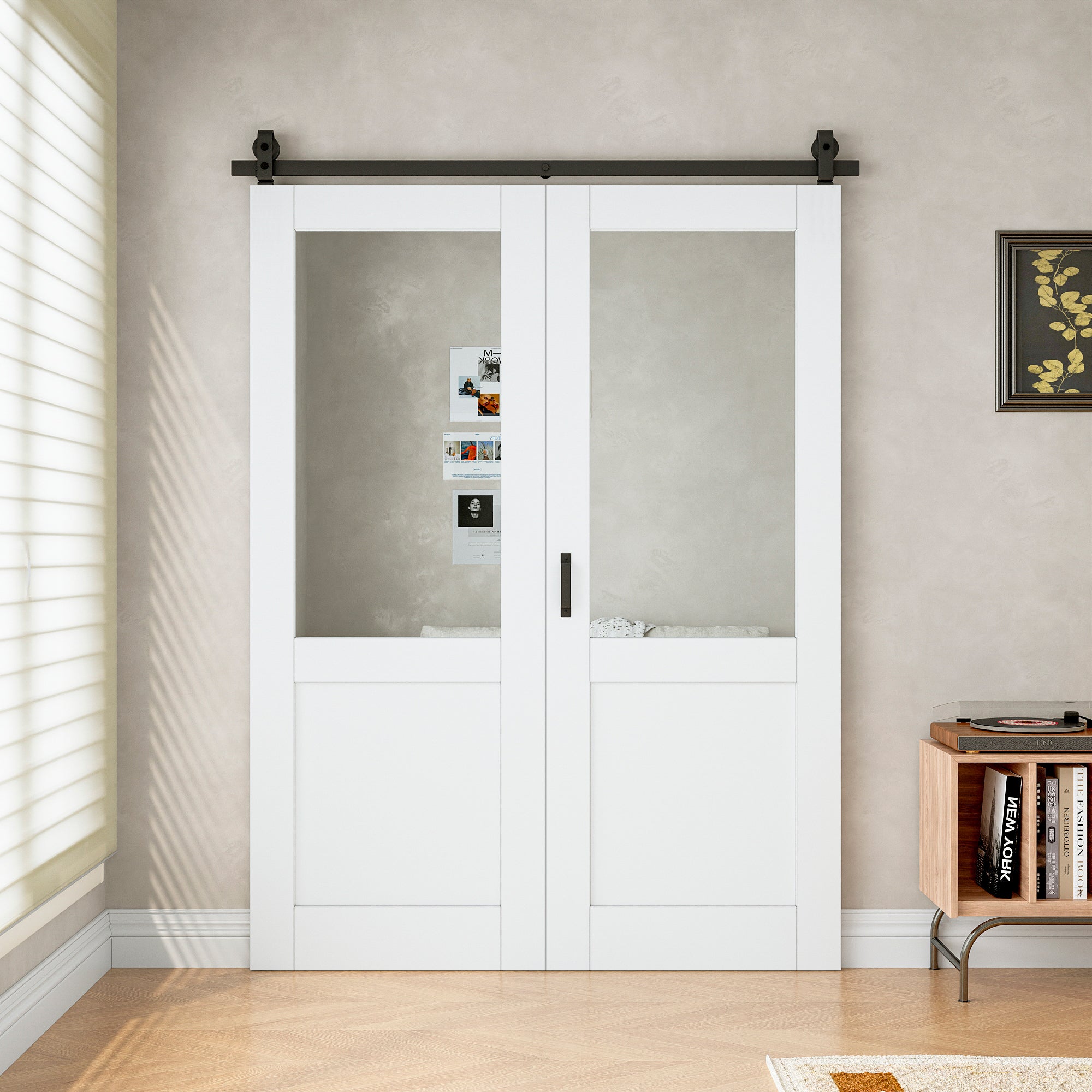 [Paintable] Half Lite Mirror Bifold Sliding Barn Door, Prefinished & Paintable Surface with Hardware Kit