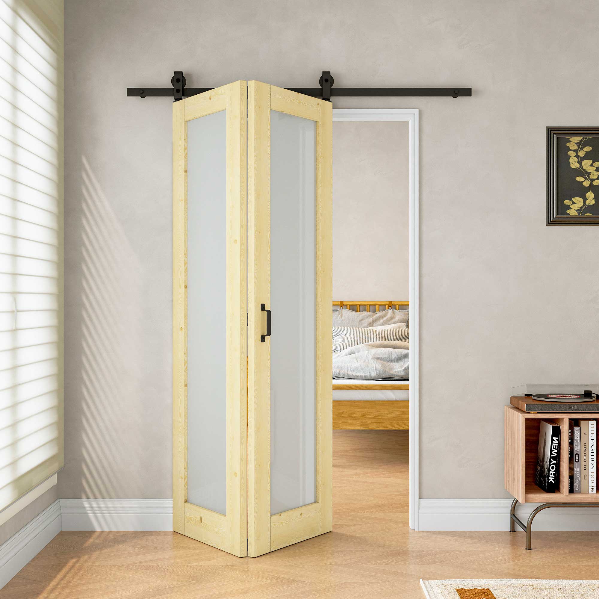 [Paintable] Frosted Glass Bifold Barn Door Pine Wood, Unfinished & Paintable Surface, with Hardware Kit & Handle & Floor Guide