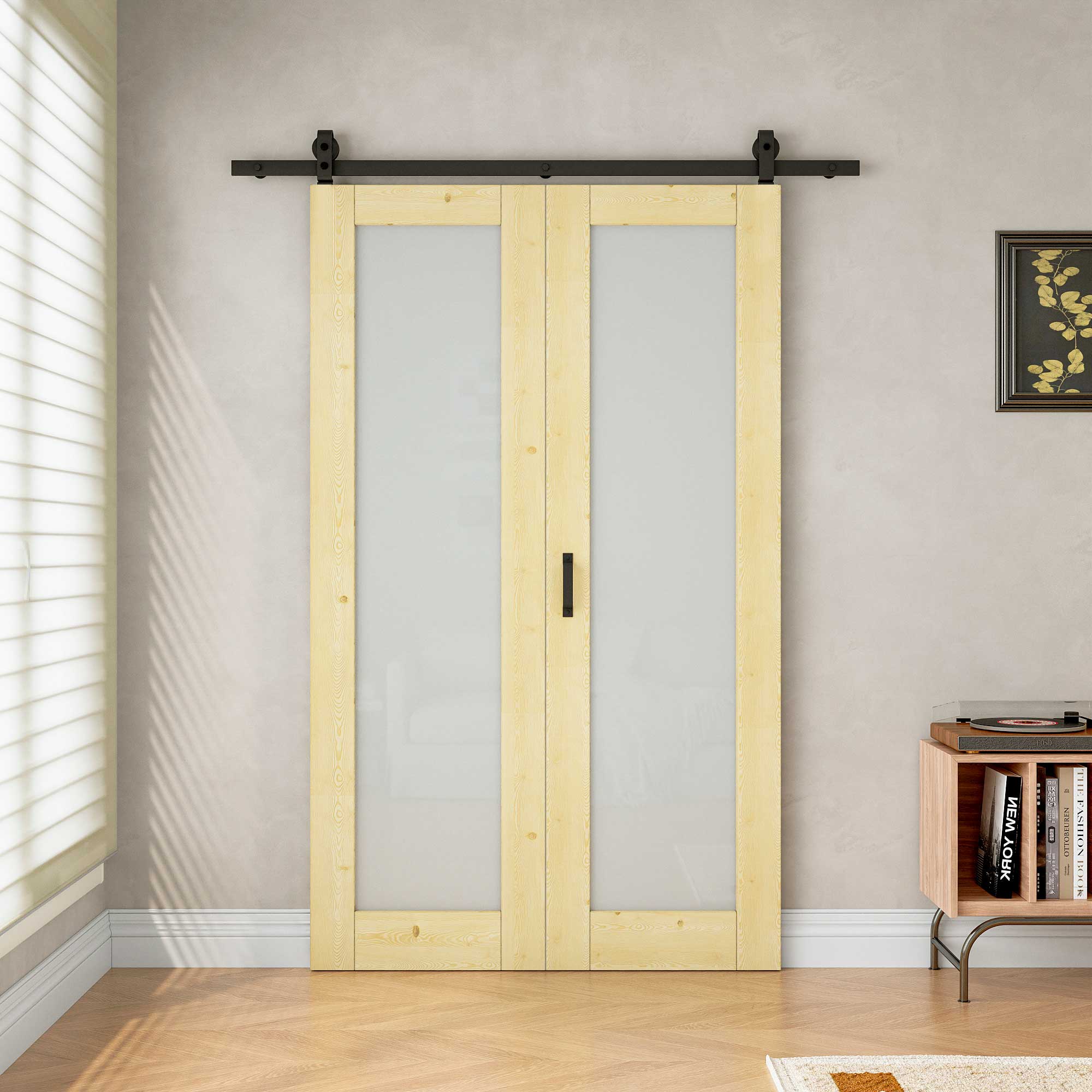 [Paintable] Frosted Glass Bifold Barn Door Pine Wood, Unfinished & Paintable Surface, with Hardware Kit & Handle & Floor Guide