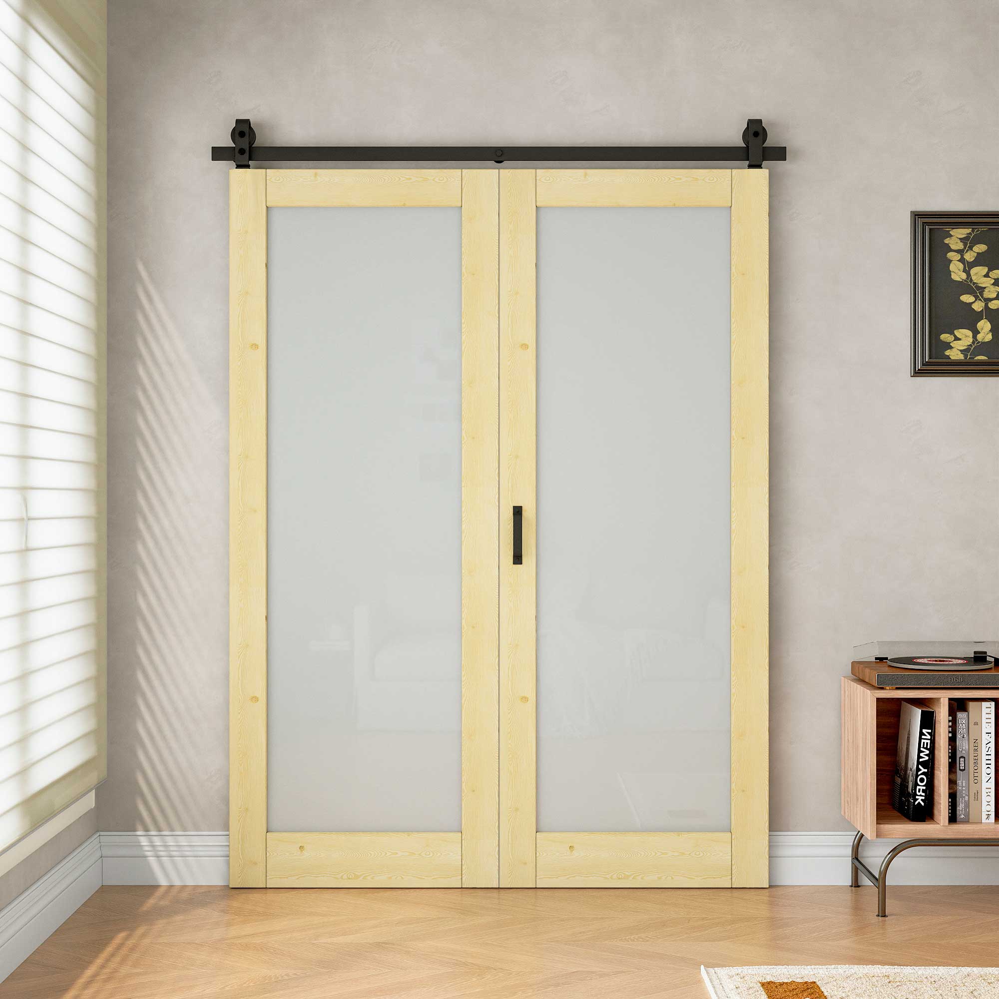 [Paintable] Frosted Glass Bifold Barn Door Pine Wood, Unfinished & Paintable Surface, with Hardware Kit & Handle & Floor Guide