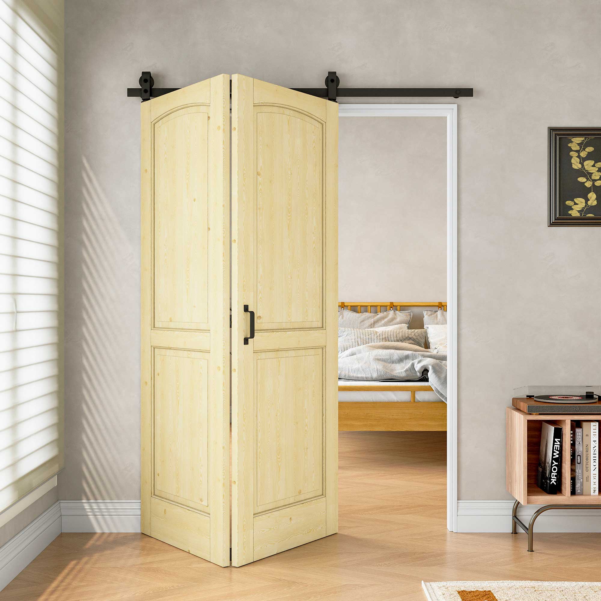 [Paintable] 2 Panel Bifold Barn Door Pine Wood, Unfinished & Paintable Surface, with Hardware Kit & Handle & Floor Guide