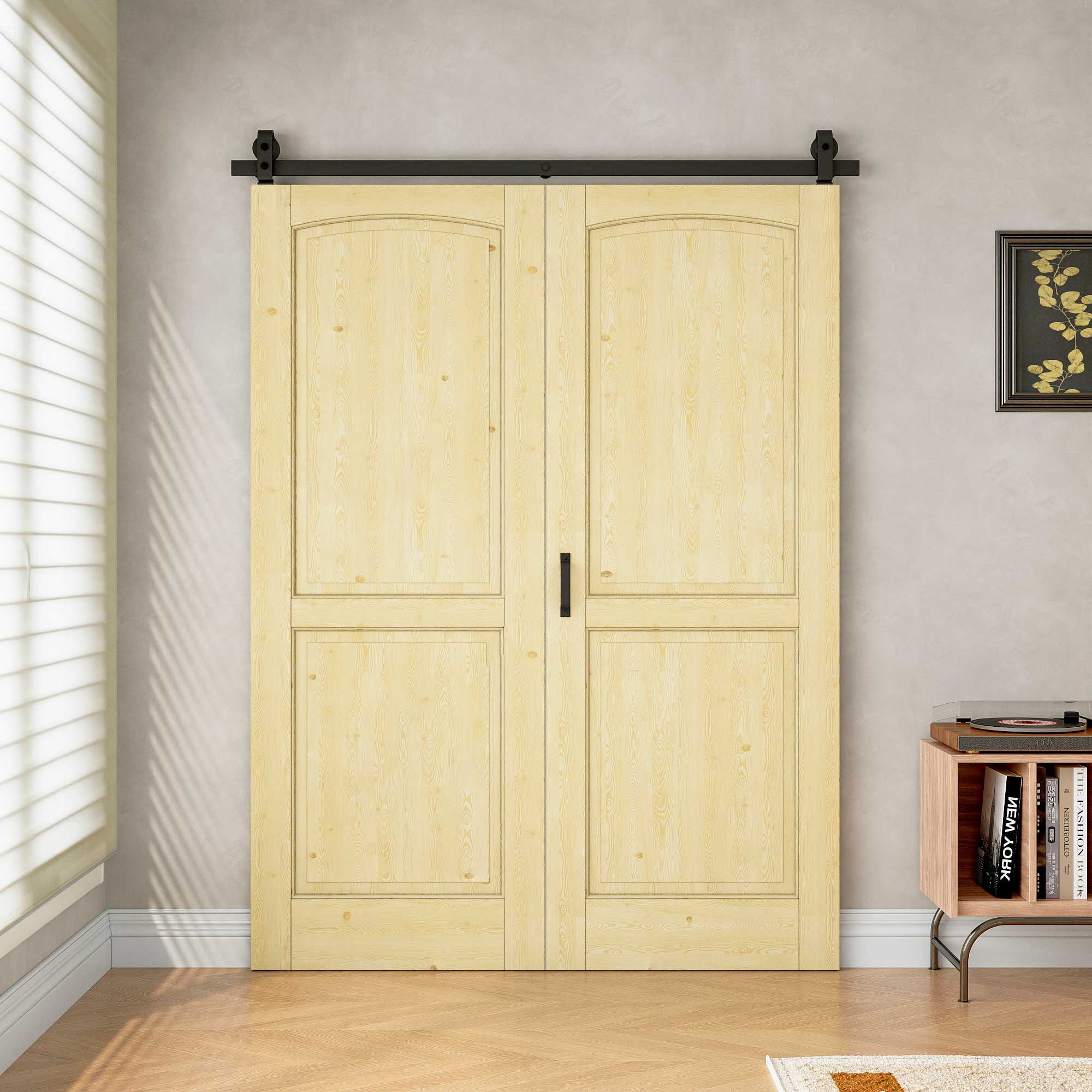 [Paintable] 2 Panel Bifold Barn Door Pine Wood, Unfinished & Paintable Surface, with Hardware Kit & Handle & Floor Guide