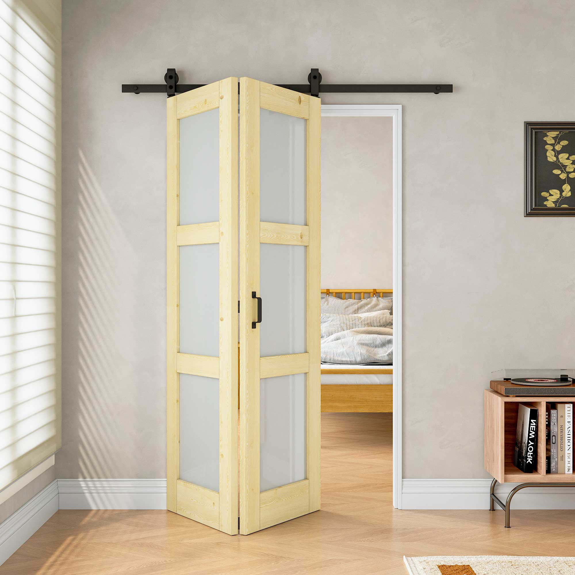 [Paintable] 3-Lite Frosted Glass Bifold Barn Door Pine Wood, Unfinished & Paintable Surface, with Hardware Kit & Handle & Floor Guide