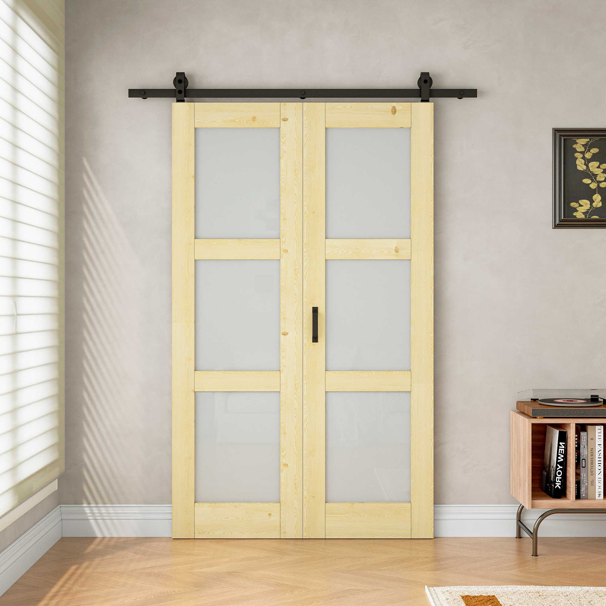 [Paintable] 3-Lite Frosted Glass Bifold Barn Door Pine Wood, Unfinished & Paintable Surface, with Hardware Kit & Handle & Floor Guide