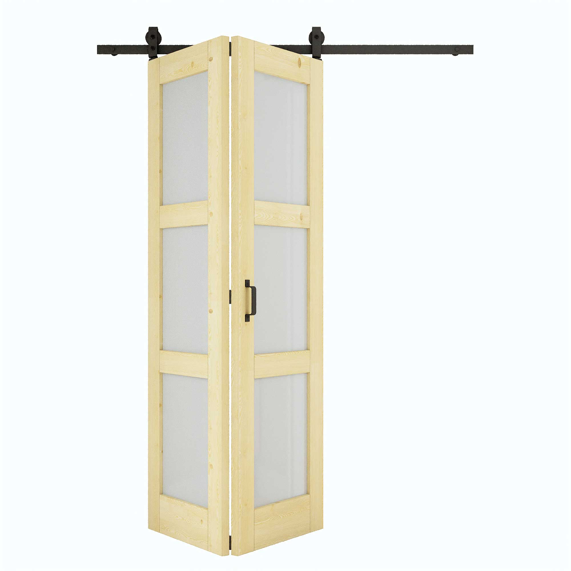 [Paintable] 3-Lite Frosted Glass Bifold Barn Door Pine Wood, Unfinished & Paintable Surface, with Hardware Kit & Handle & Floor Guide