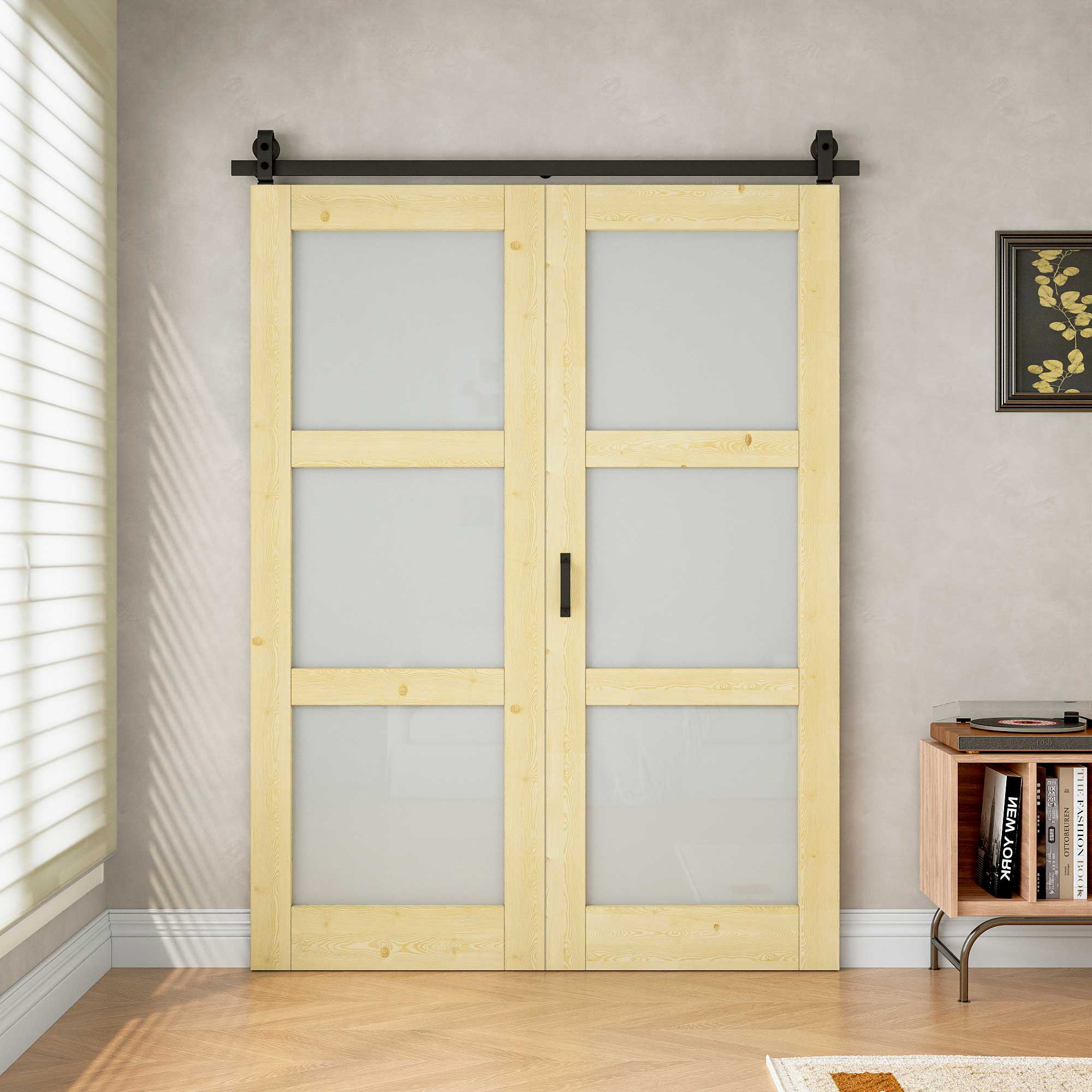 [Paintable] 3-Lite Frosted Glass Bifold Barn Door Pine Wood, Unfinished & Paintable Surface, with Hardware Kit & Handle & Floor Guide