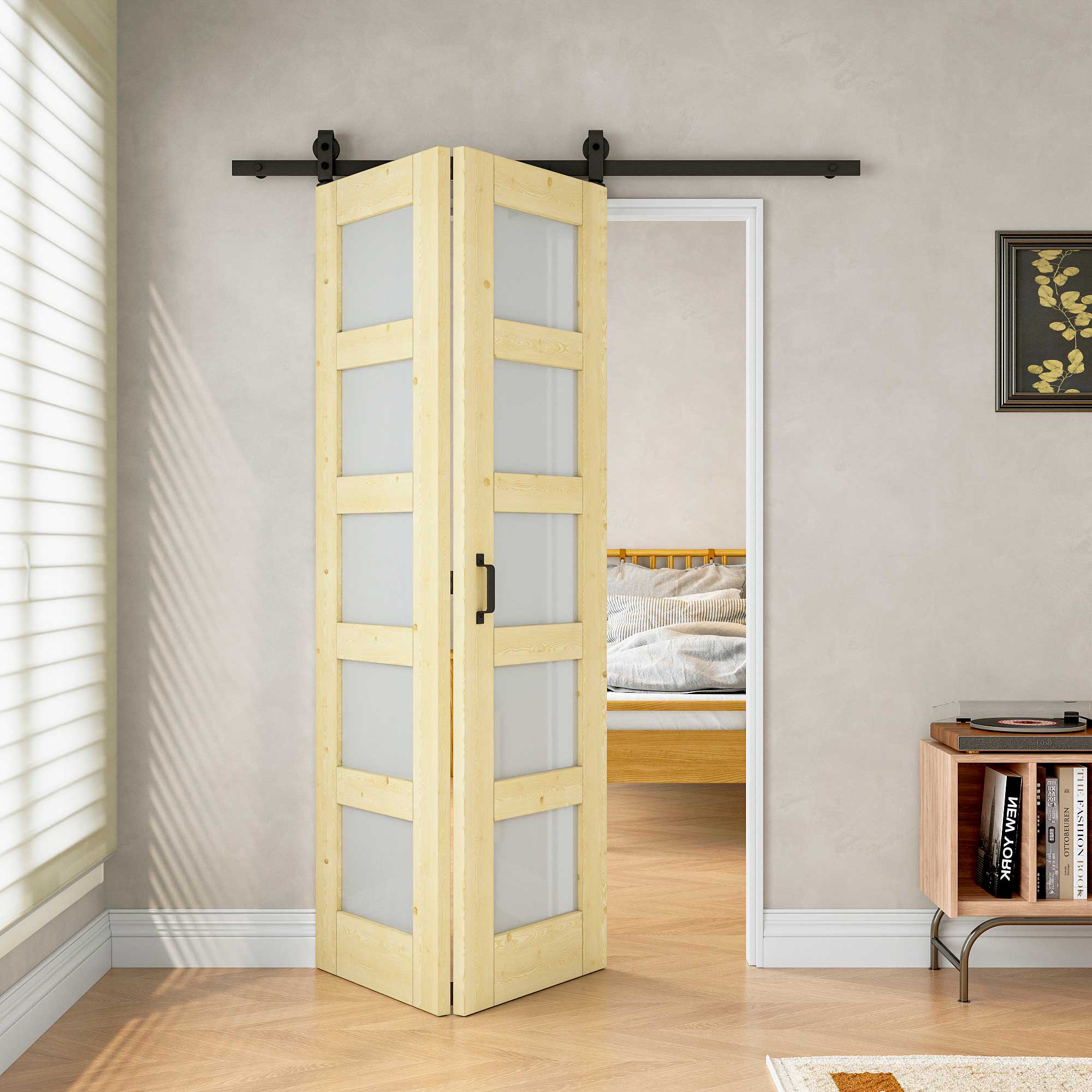 [Paintable] 5-Lite Frosted Glass Bifold Barn Door Pine Wood, Unfinished & Paintable Surface, with Hardware Kit & Handle & Floor Guide