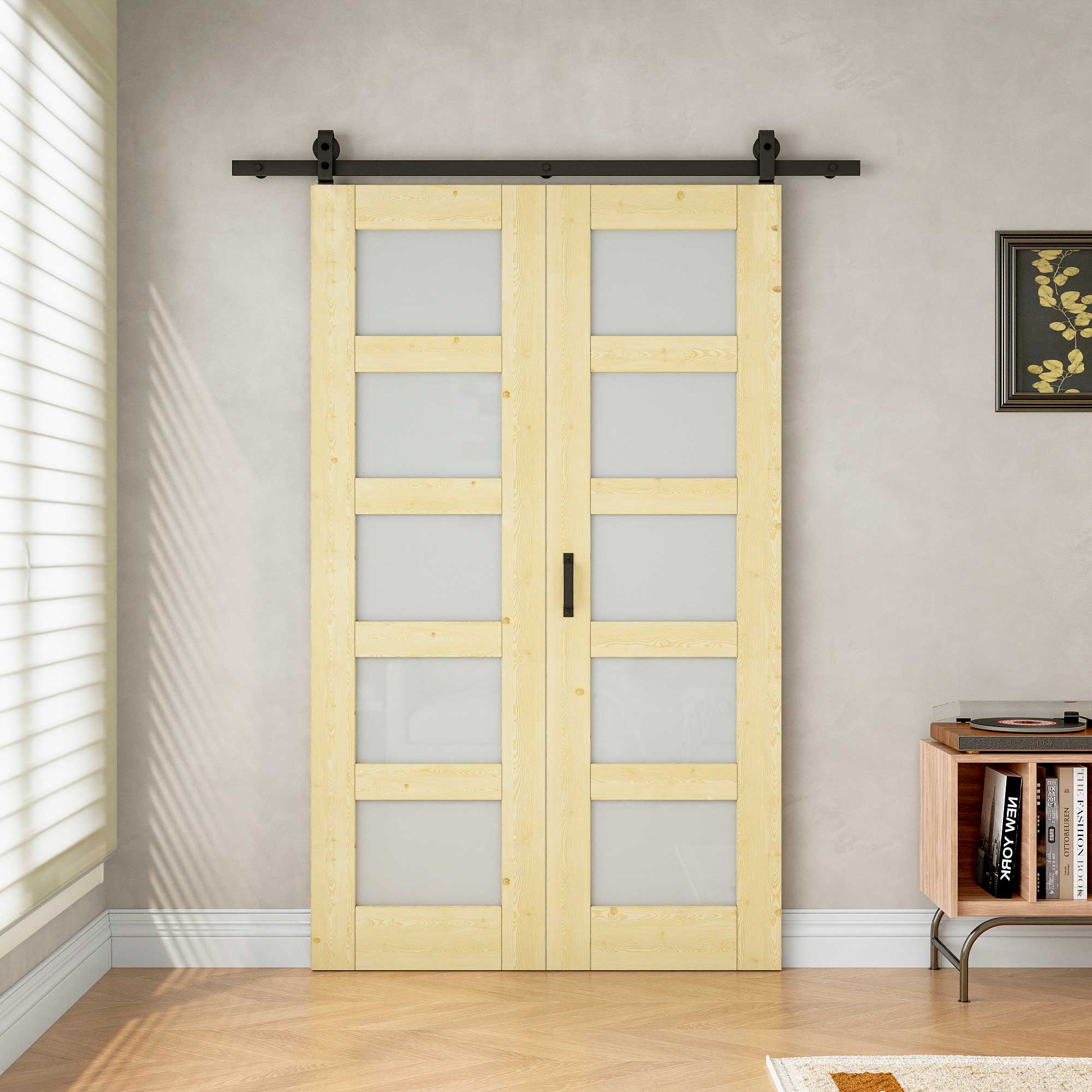 [Paintable] 5-Lite Frosted Glass Bifold Barn Door Pine Wood, Unfinished & Paintable Surface, with Hardware Kit & Handle & Floor Guide