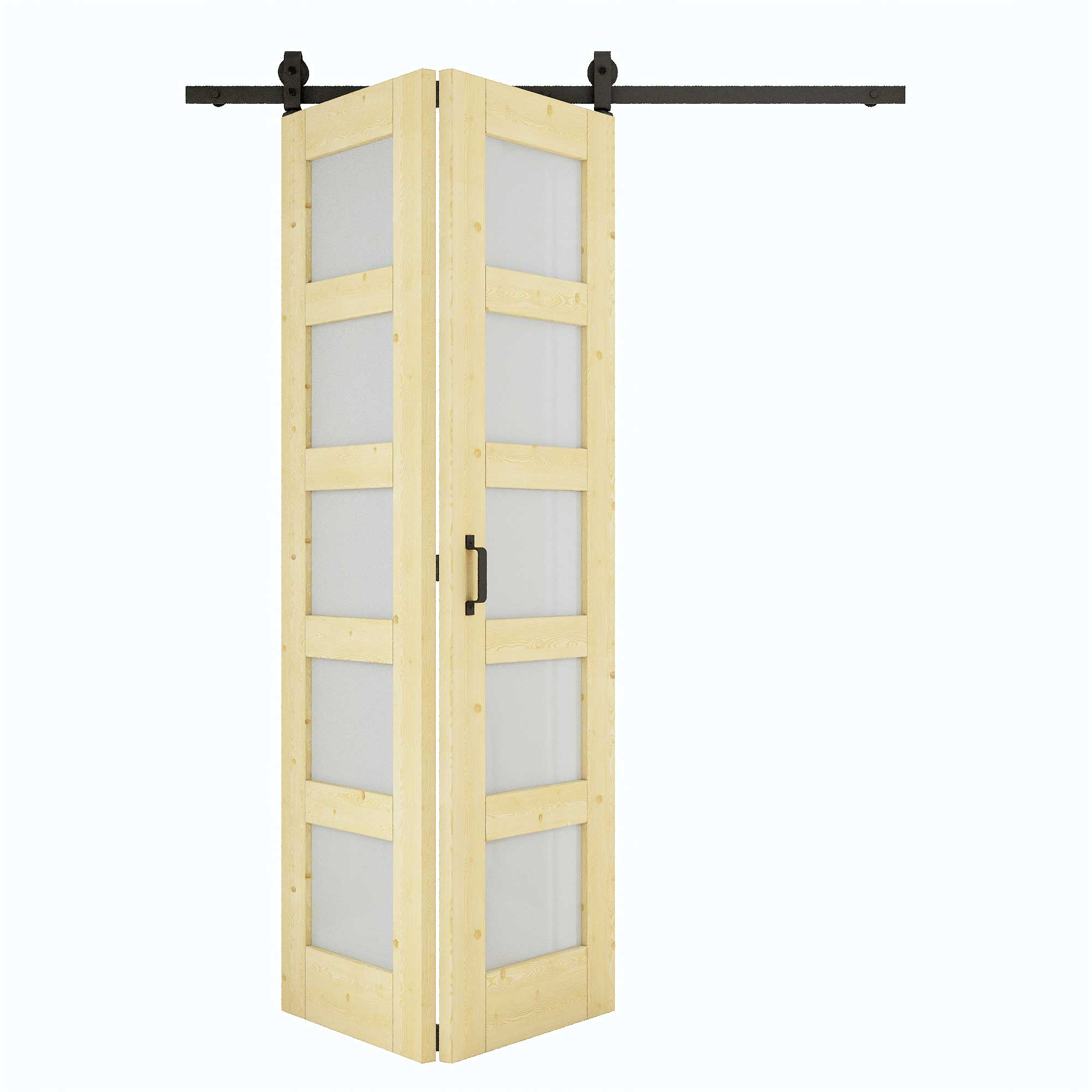 [Paintable] 5-Lite Frosted Glass Bifold Barn Door Pine Wood, Unfinished & Paintable Surface, with Hardware Kit & Handle & Floor Guide