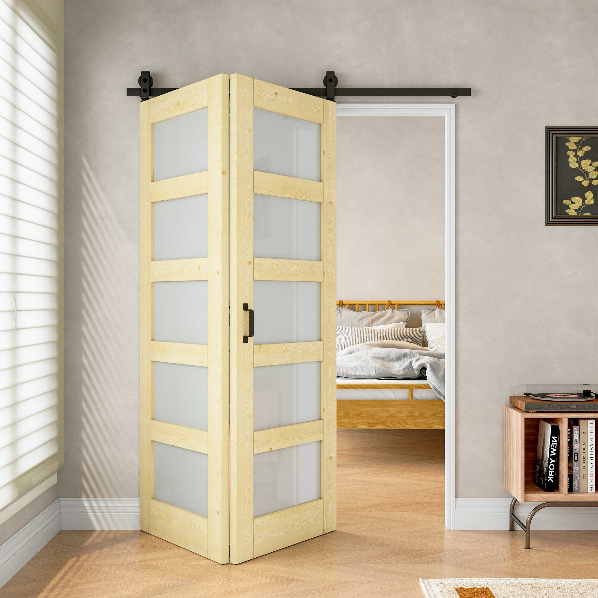 [Paintable] 5-Lite Frosted Glass Bifold Barn Door Pine Wood, Unfinished & Paintable Surface, with Hardware Kit & Handle & Floor Guide