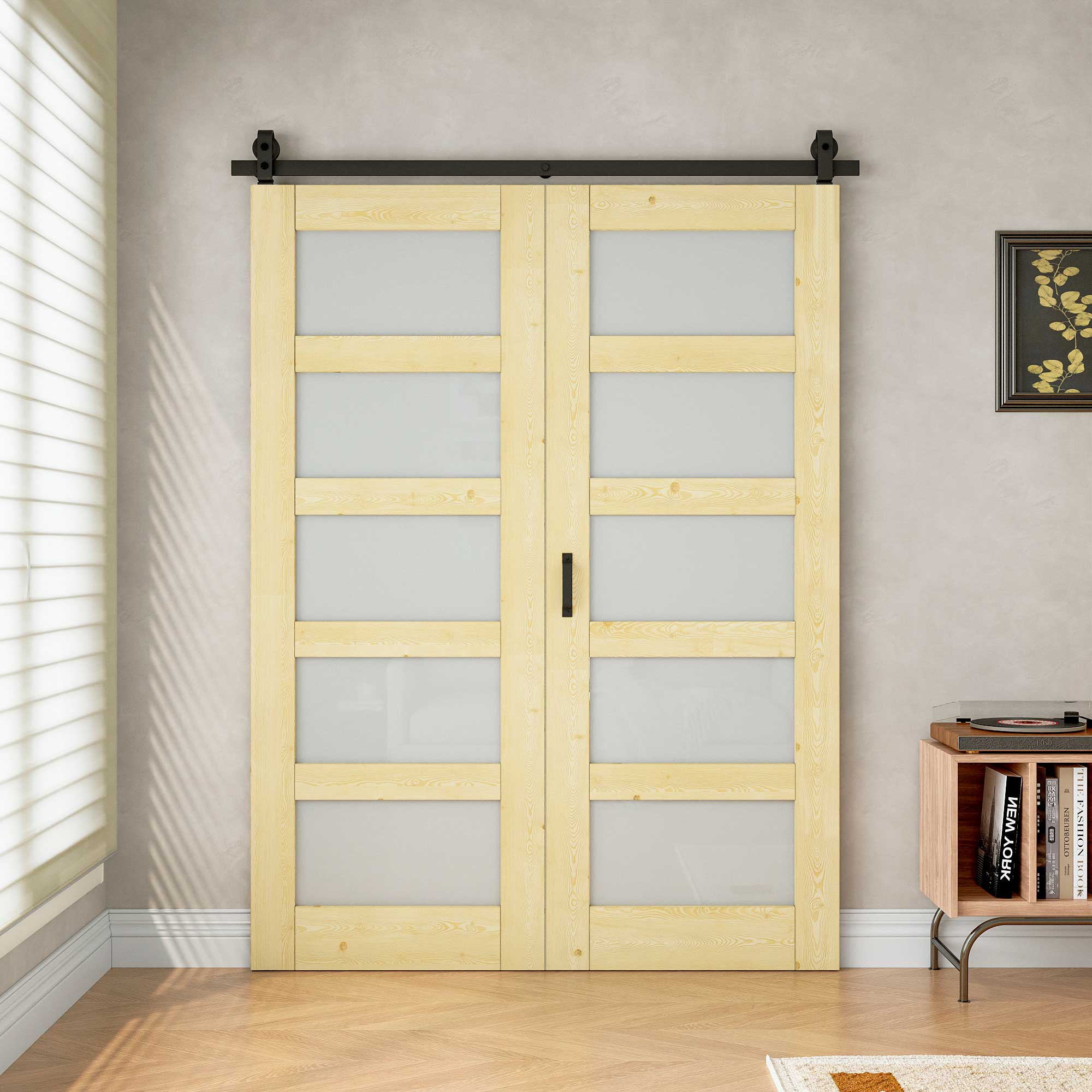 [Paintable] 5-Lite Frosted Glass Bifold Barn Door Pine Wood, Unfinished & Paintable Surface, with Hardware Kit & Handle & Floor Guide