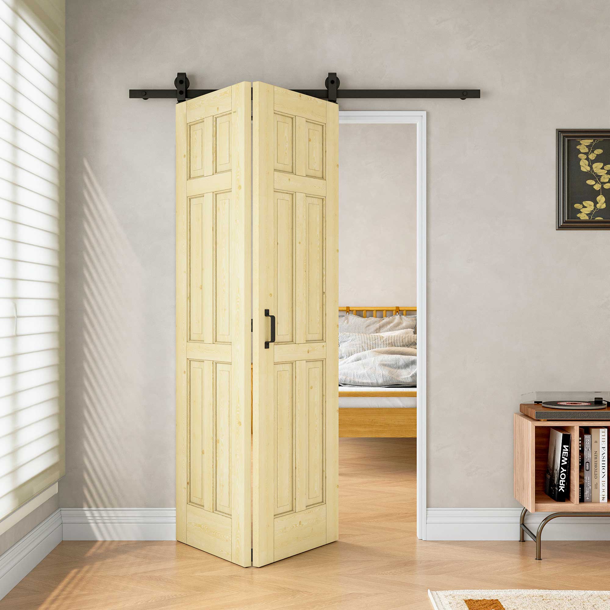 [Paintable] 6 Panel Bifold Barn Door Pine Wood, Unfinished & Paintable Surface, with Hardware Kit & Handle & Floor Guide
