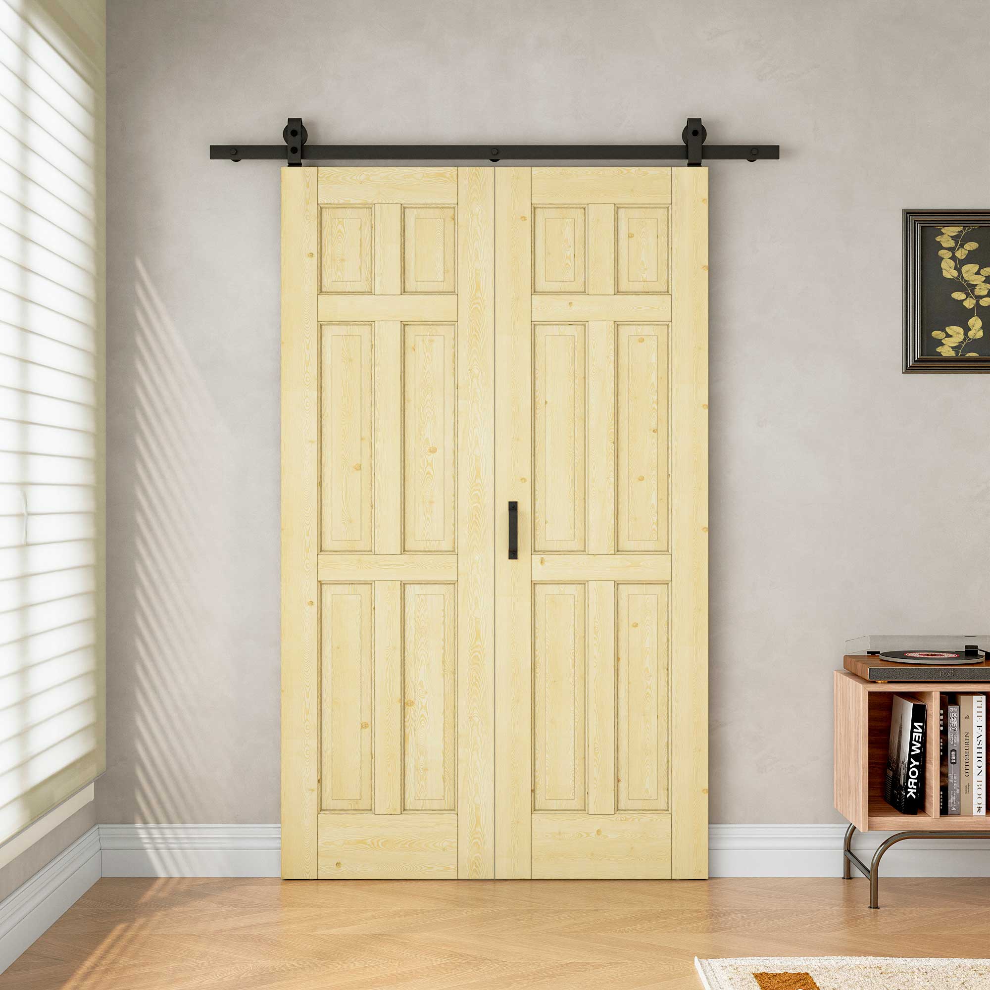 [Paintable] 6 Panel Bifold Barn Door Pine Wood, Unfinished & Paintable Surface, with Hardware Kit & Handle & Floor Guide