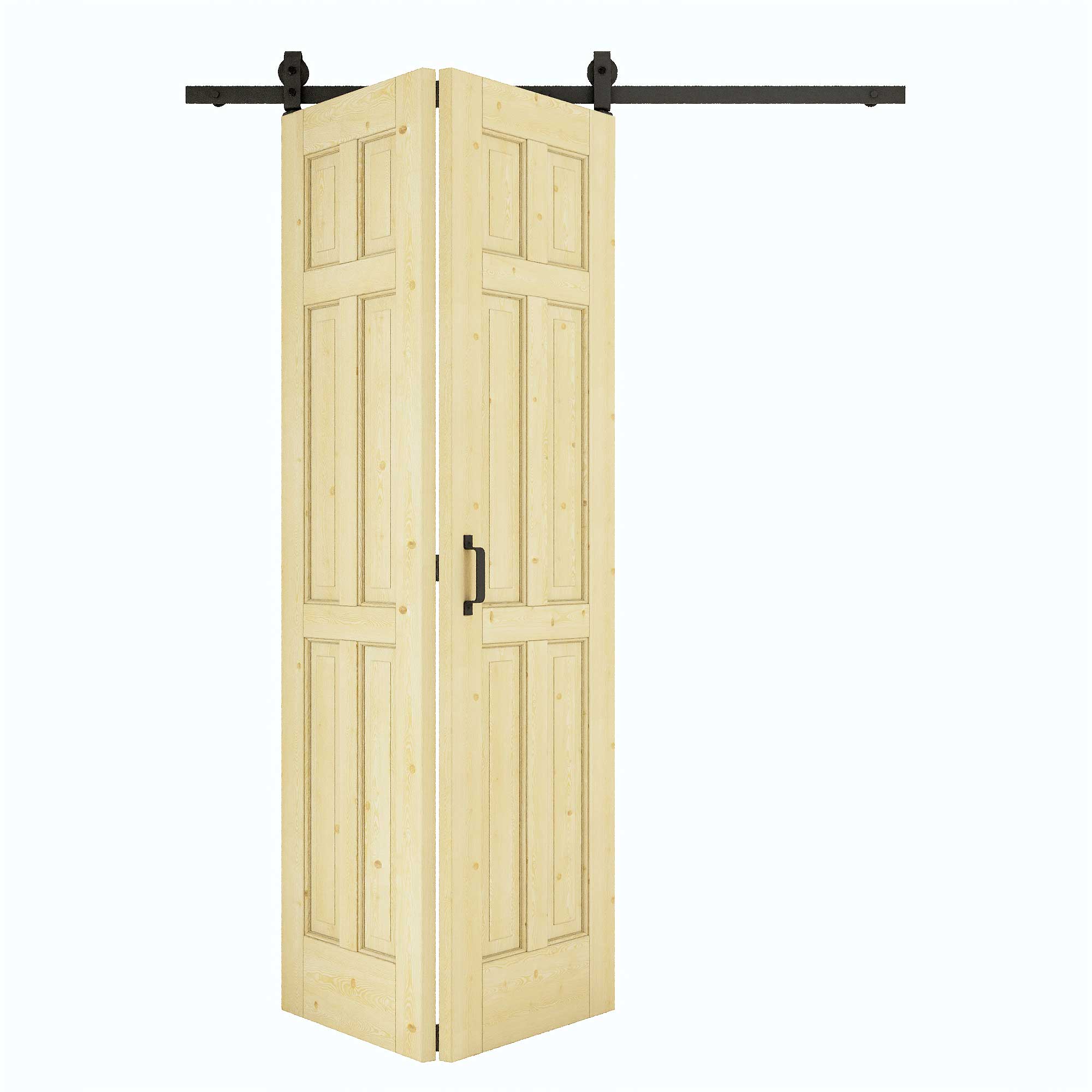 [Paintable] 6 Panel Bifold Barn Door Pine Wood, Unfinished & Paintable Surface, with Hardware Kit & Handle & Floor Guide