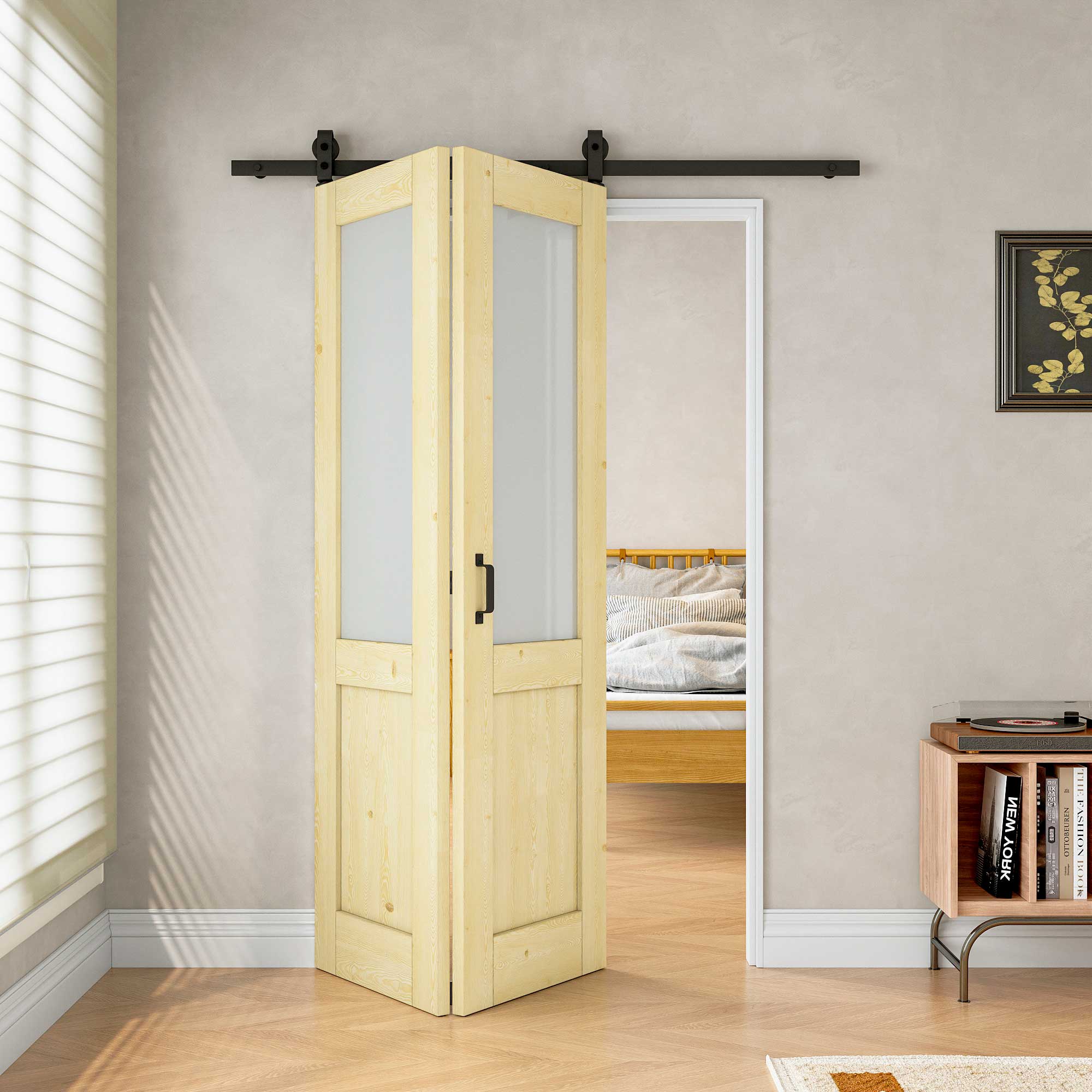 [Paintable] Half Lite Frosted Glass Bifold Barn Door Pine Wood, Unfinished & Paintable Surface, with Hardware Kit & Handle & Floor Guide