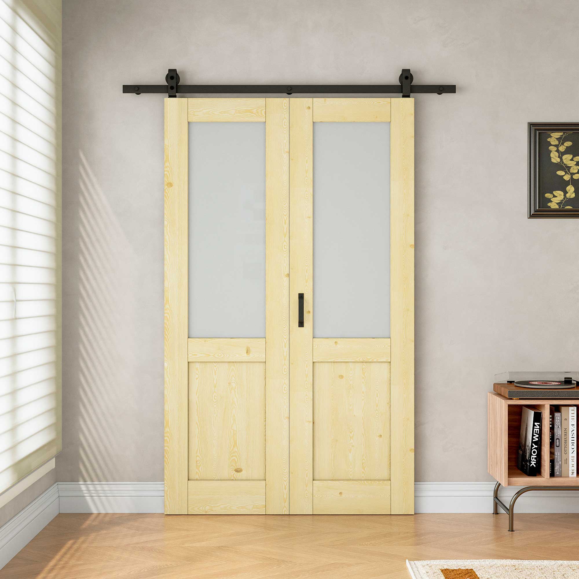 [Paintable] Half Lite Frosted Glass Bifold Barn Door Pine Wood, Unfinished & Paintable Surface, with Hardware Kit & Handle & Floor Guide