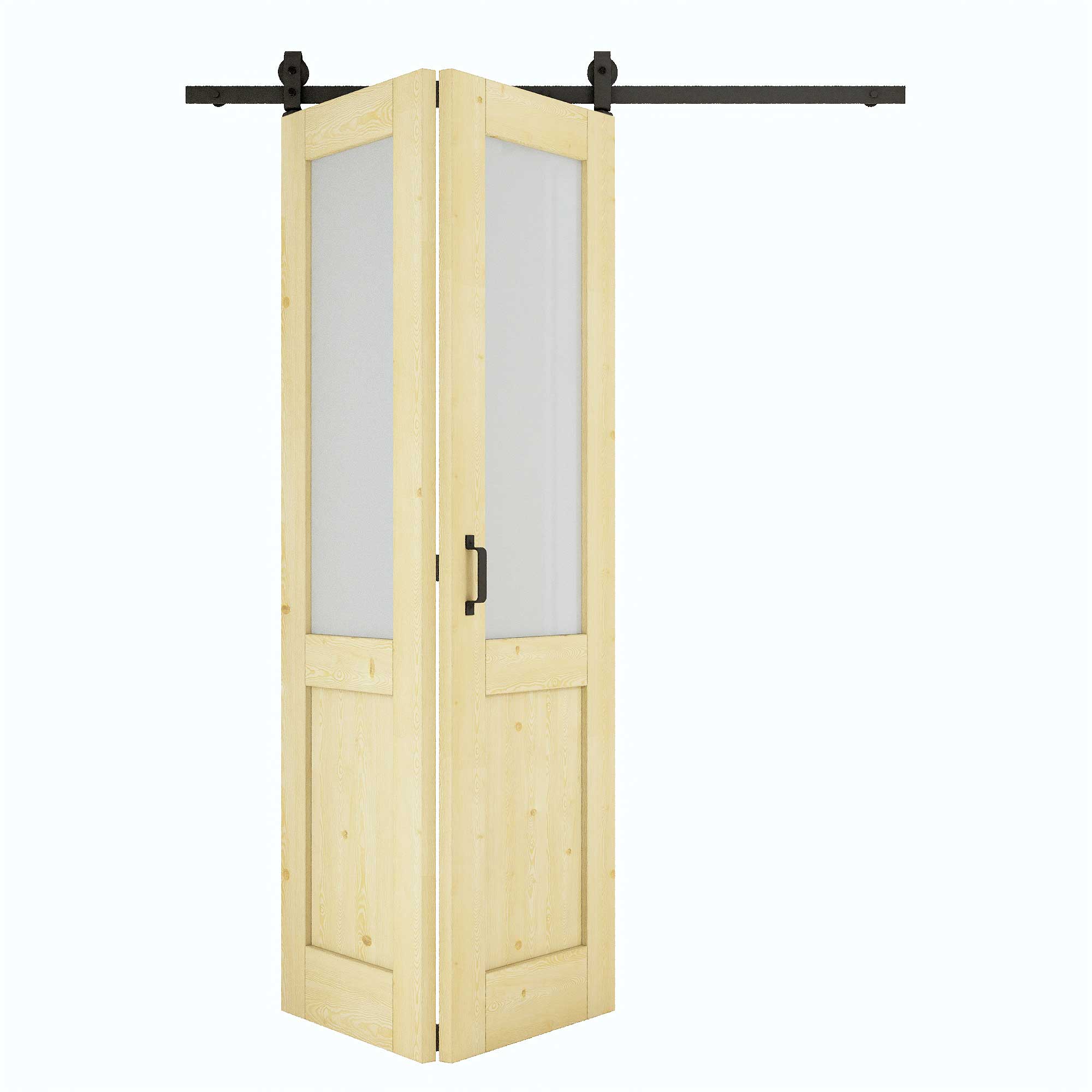 [Paintable] Half Lite Frosted Glass Bifold Barn Door Pine Wood, Unfinished & Paintable Surface, with Hardware Kit & Handle & Floor Guide