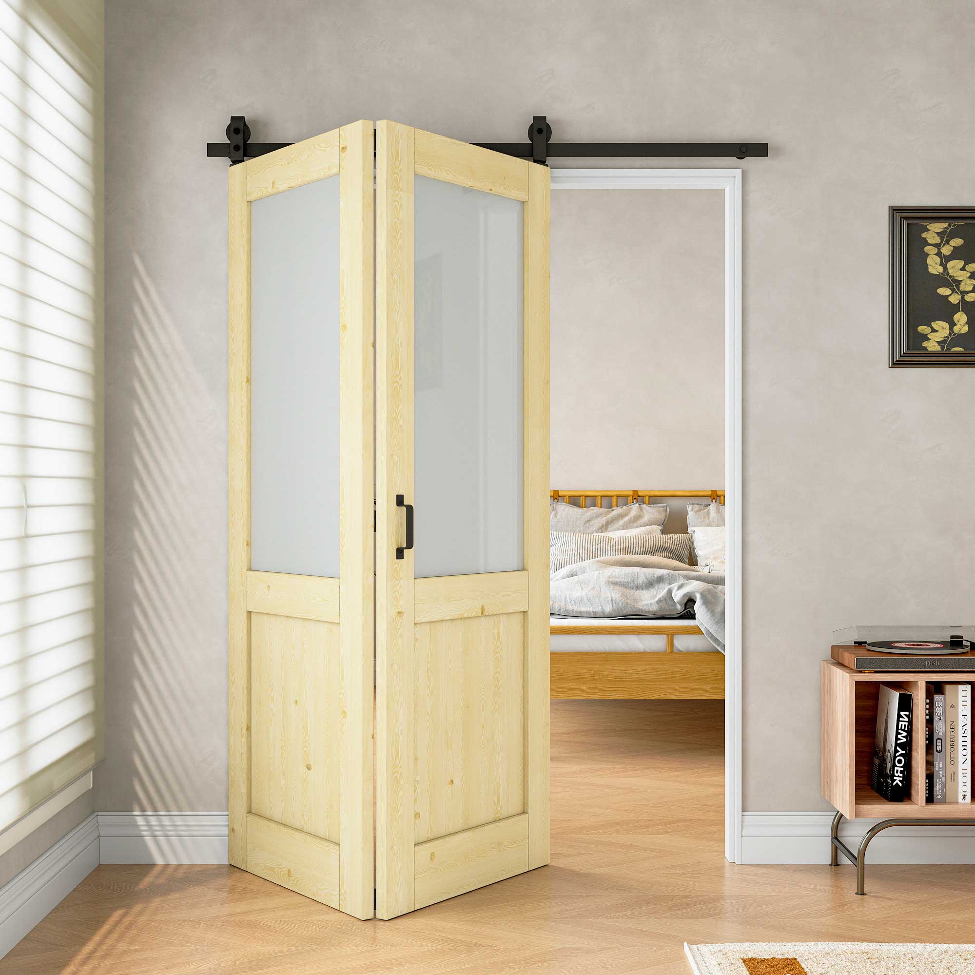 [Paintable] Half Lite Frosted Glass Bifold Barn Door Pine Wood, Unfinished & Paintable Surface, with Hardware Kit & Handle & Floor Guide