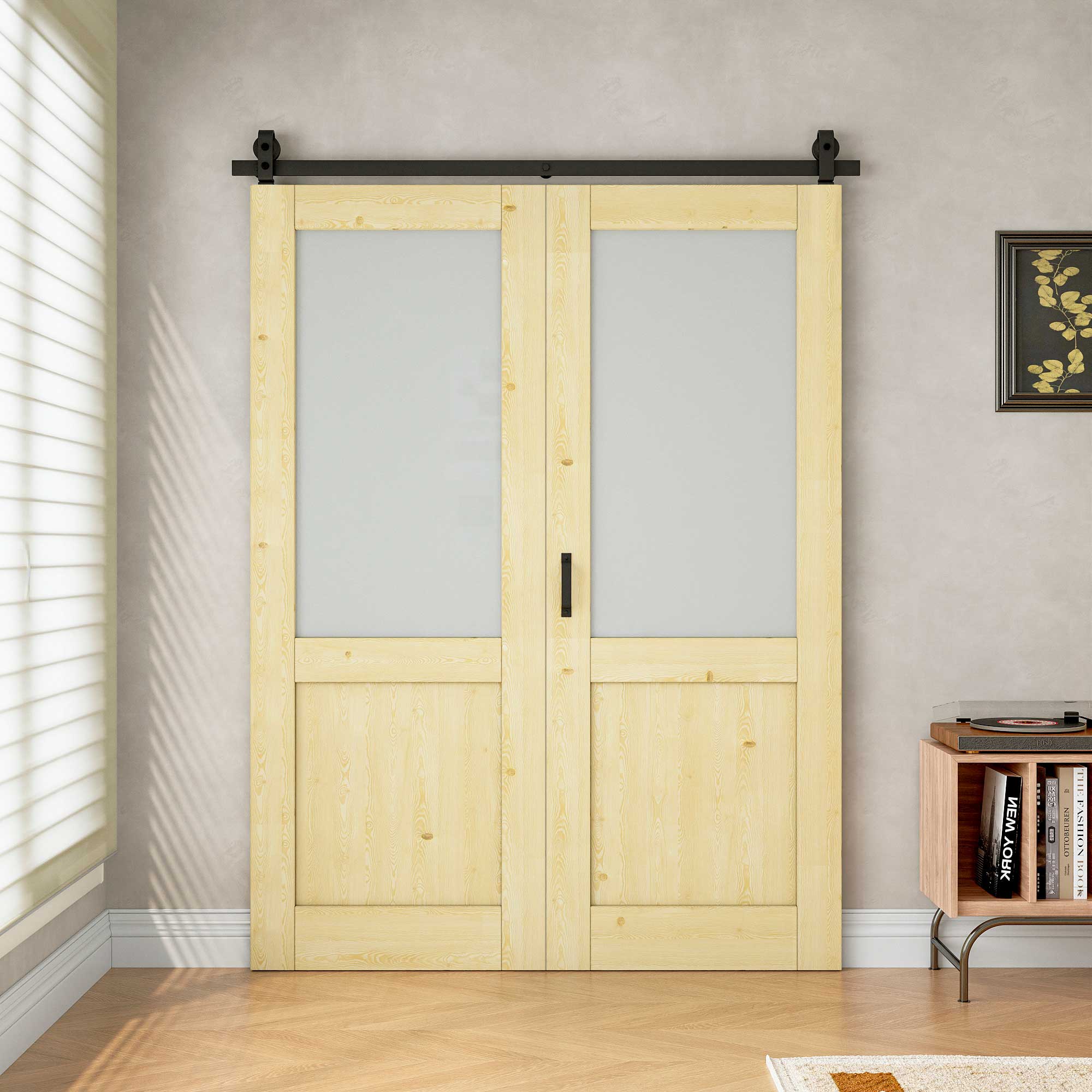 [Paintable] Half Lite Frosted Glass Bifold Barn Door Pine Wood, Unfinished & Paintable Surface, with Hardware Kit & Handle & Floor Guide