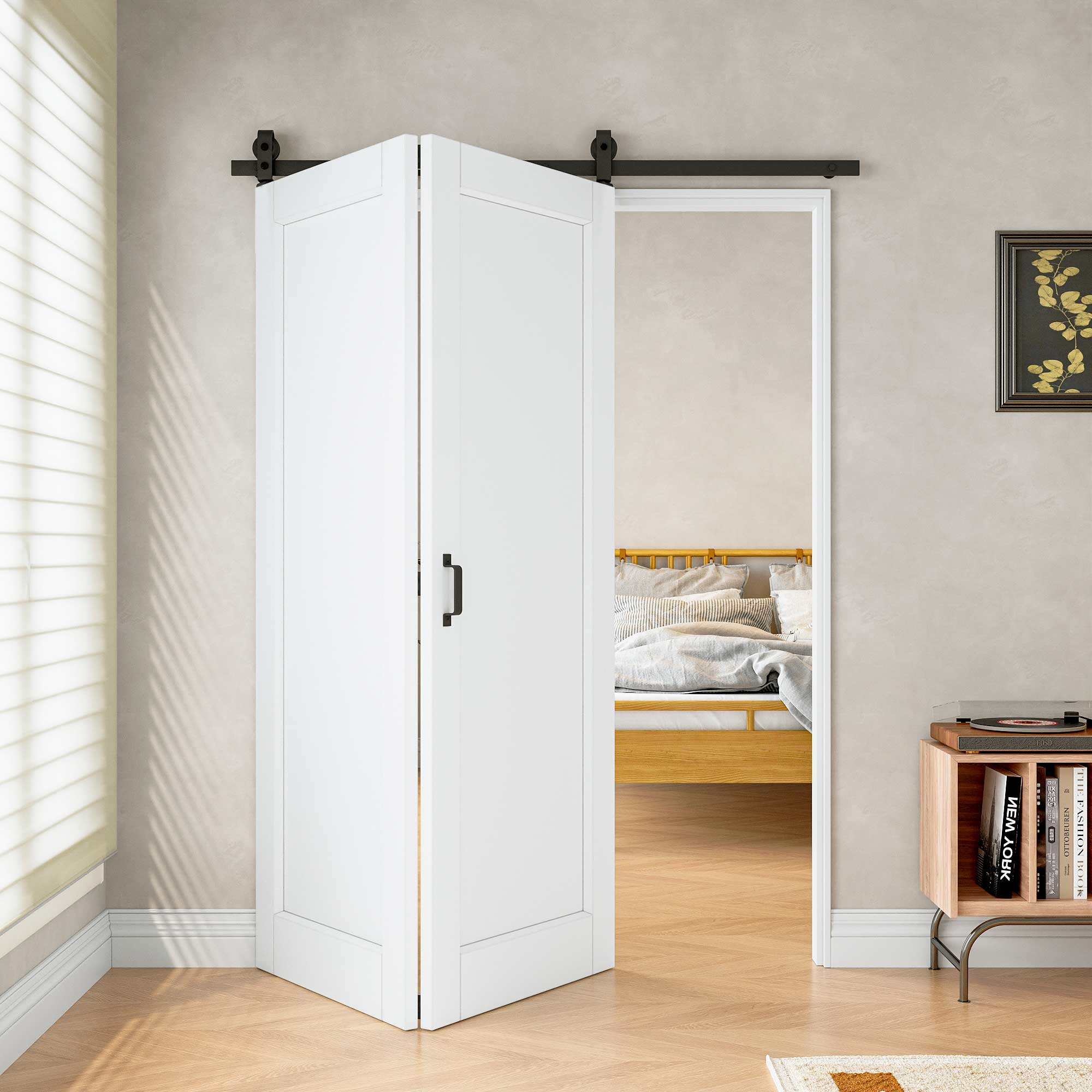 [Paintable] Panel Bifold Barn Door MDF Wood, Prefinished & Paintable Surface, with Hardware Kit & Handle & Floor Guide, White