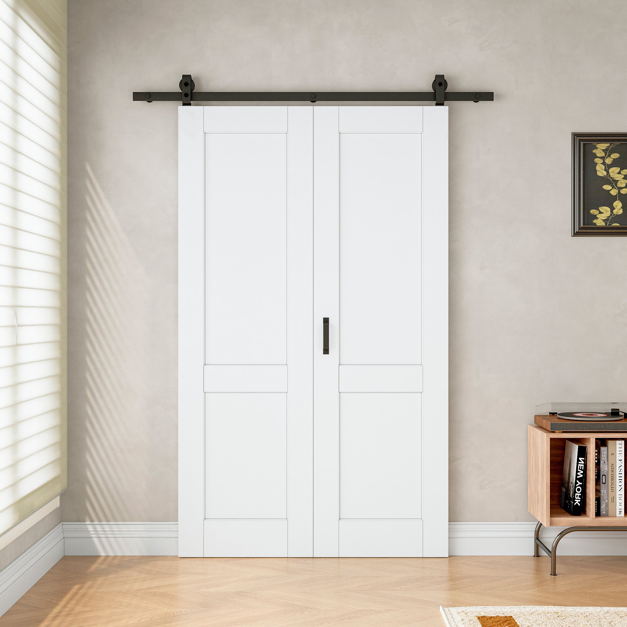 [Paintable] 2-Lite Panel Bifold Barn Door MDF Wood, Prefinished & Paintable Surface, with Hardware Kit & Handle & Floor Guide, White