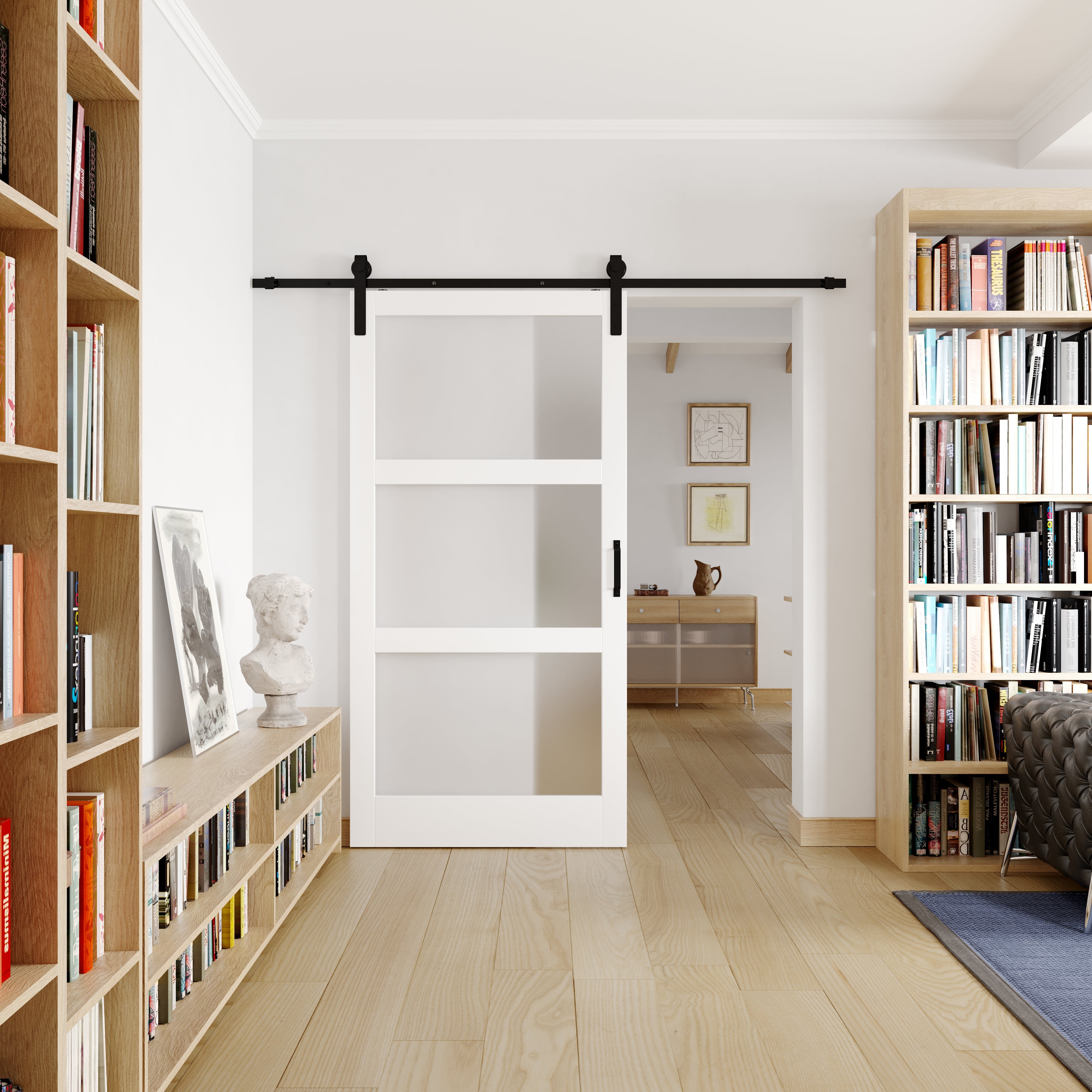 Ark Design Sliding Barn Door, 3-Lite Tempered Frosted Glass, Solid Cor