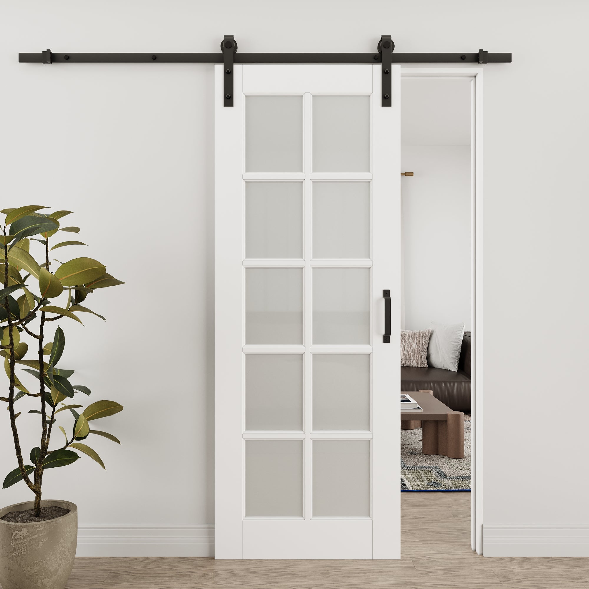 Ark Design 10-Lite Tempered Frosted Glass White Primed MDF Composite Sliding Barn Door with Hardware Kit