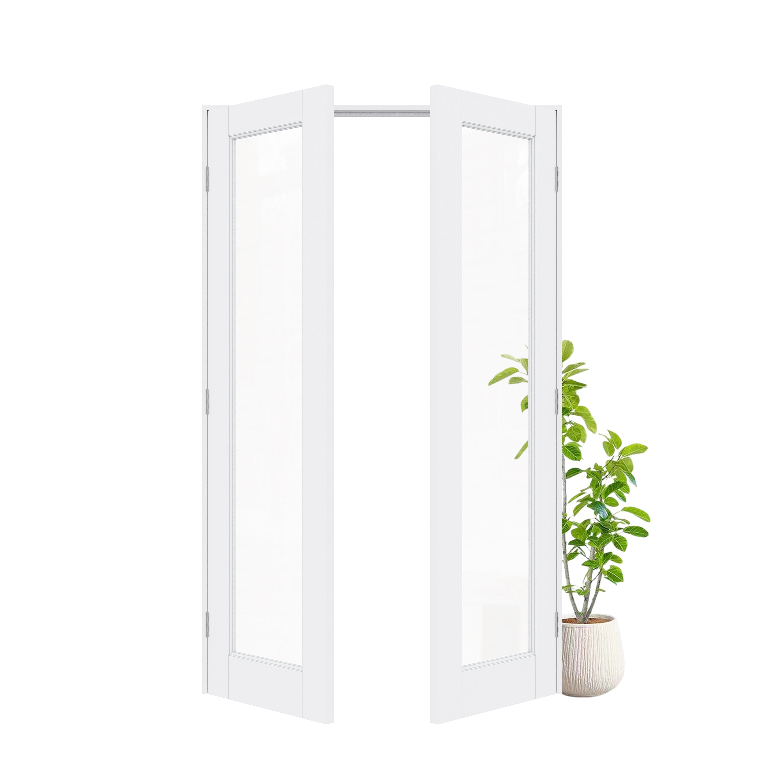 [Silver Hardware Prehung French Door Collection] 1-Lite Clear Glass White Solid Core Double Prehung French Door with Sliver Handware kit & Ready-to-Assemble Jamb