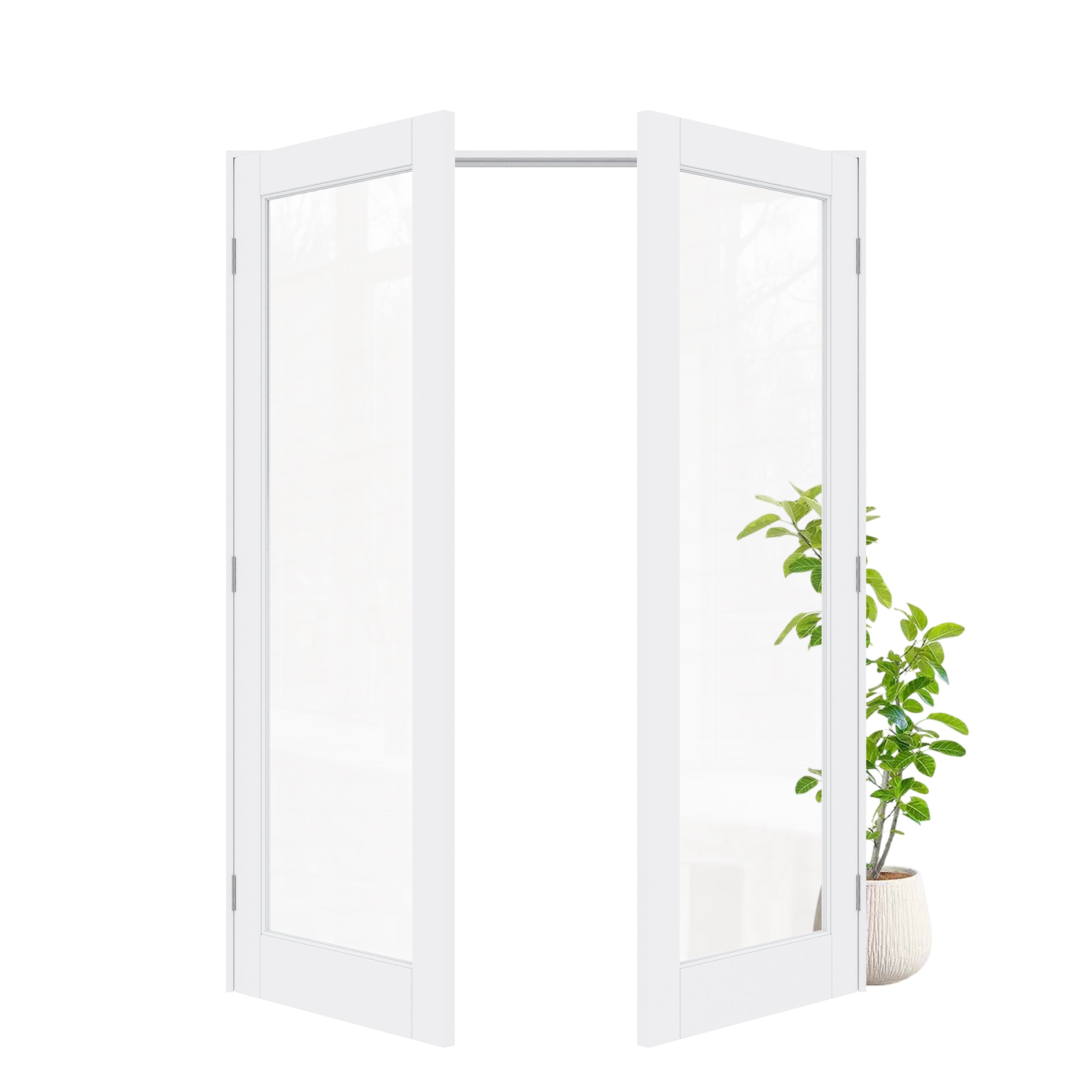 [Silver Hardware Prehung French Door Collection] 1-Lite Clear Glass White Solid Core Double Prehung French Door with Sliver Handware kit & Ready-to-Assemble Jamb