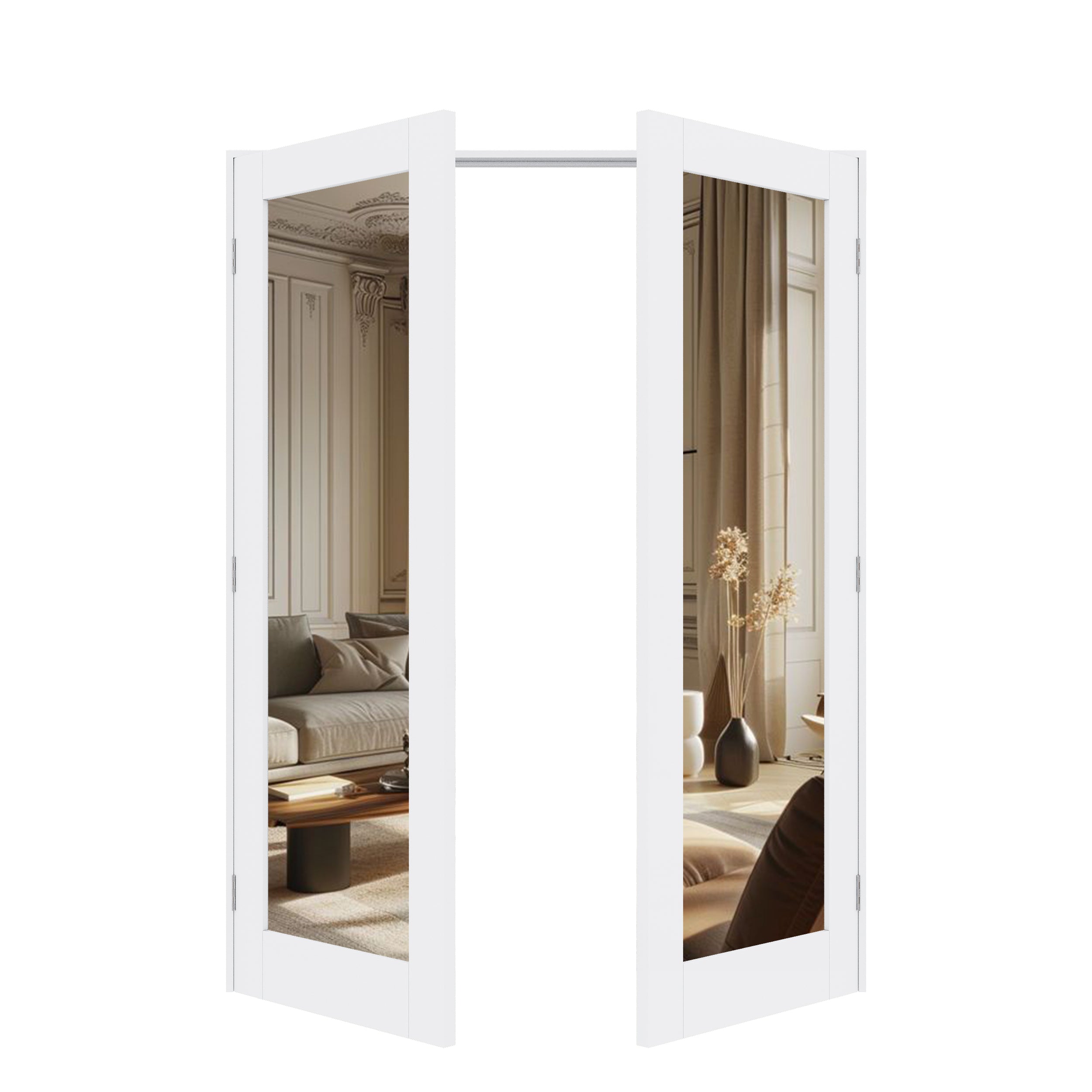 [Silver Hardware Prehung French Door Collection] Double Side Mirror White Solid Core Double Prehung French Door with Sliver Handware & Ready-to-Assemble Jamb