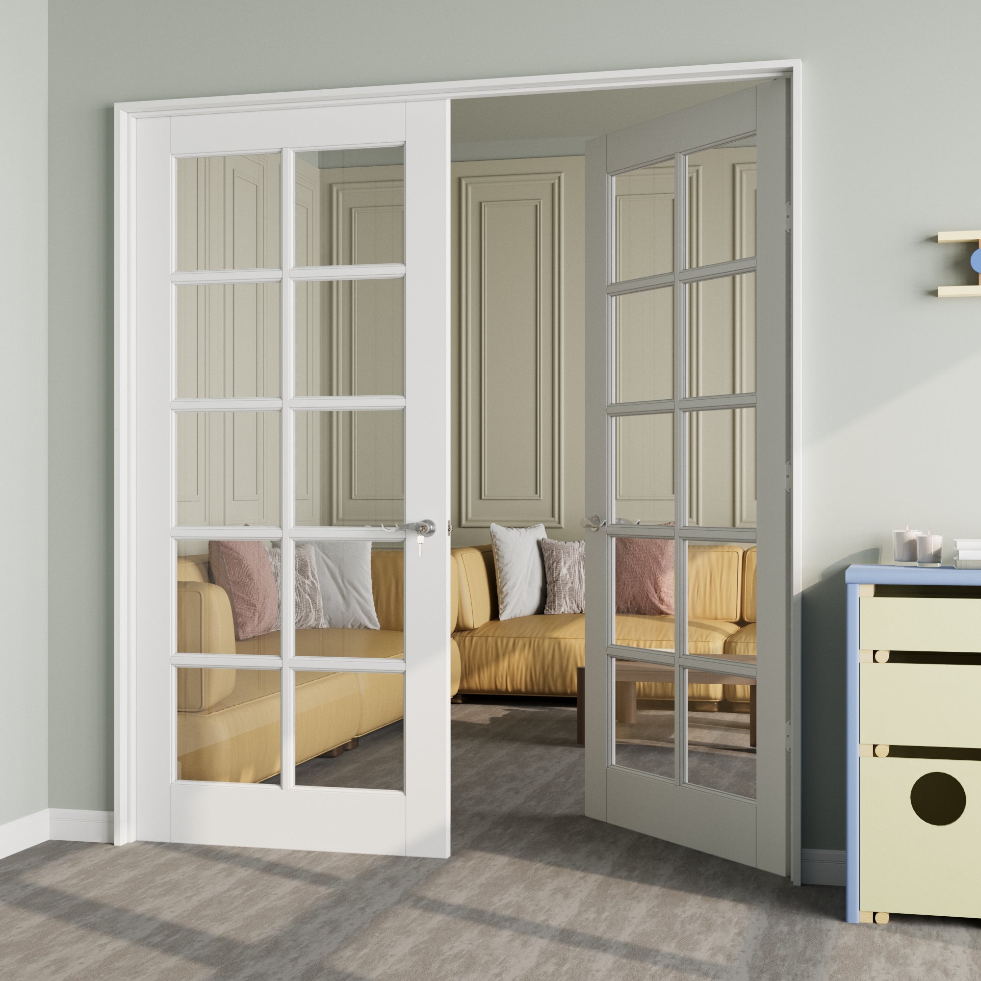 Ark Design 10-Lite Clear Glass French Door with Sliver Hardware Kit & Ready-to-Assemble Jamb, Solid Core MDF Wood, White