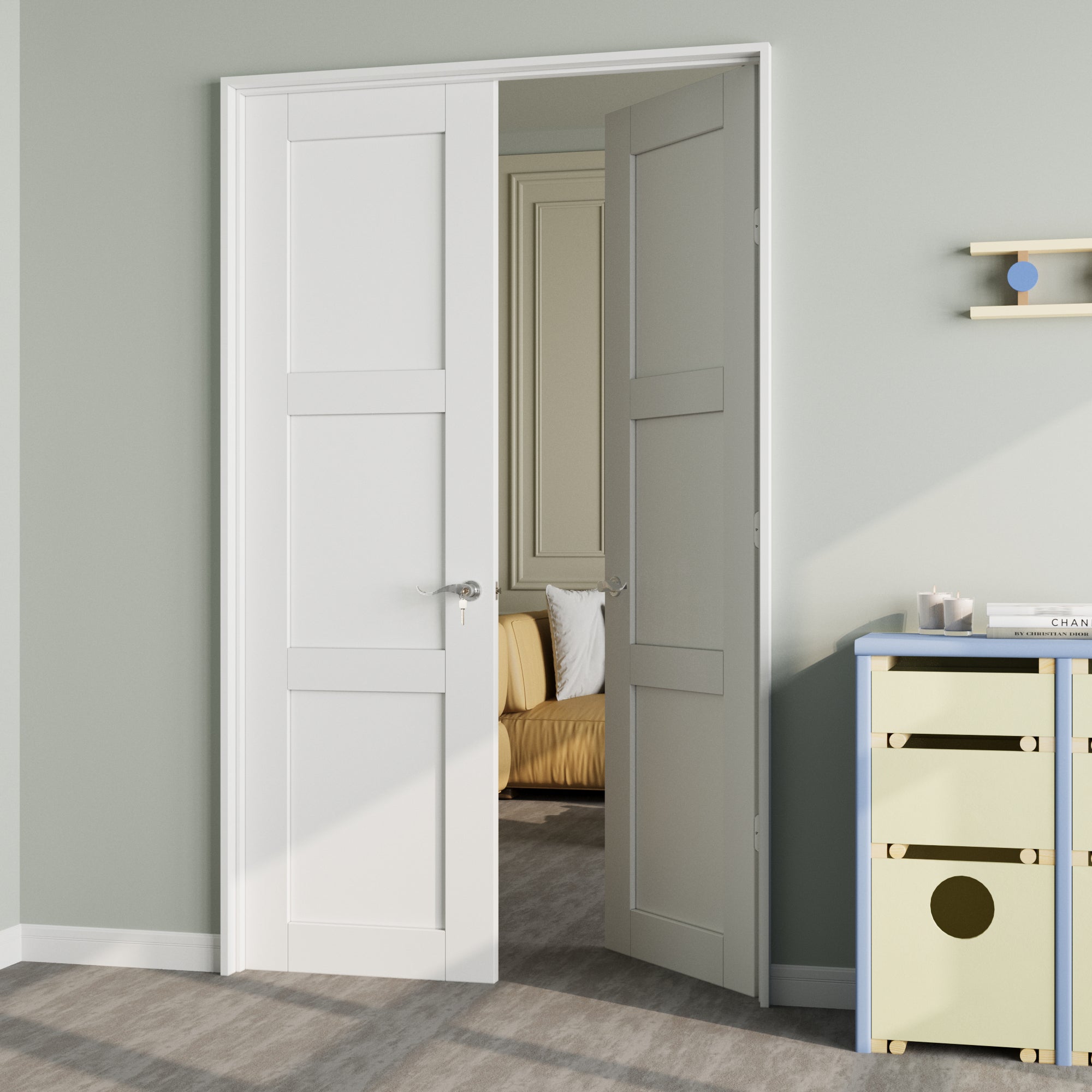 [Silver Hardware Prehung French Door Collection] 3-Lite Panel Molded French Door with Sliver Hardware Kit & Ready-to-Assemble Jamb, Solid Core MDF Wood, White