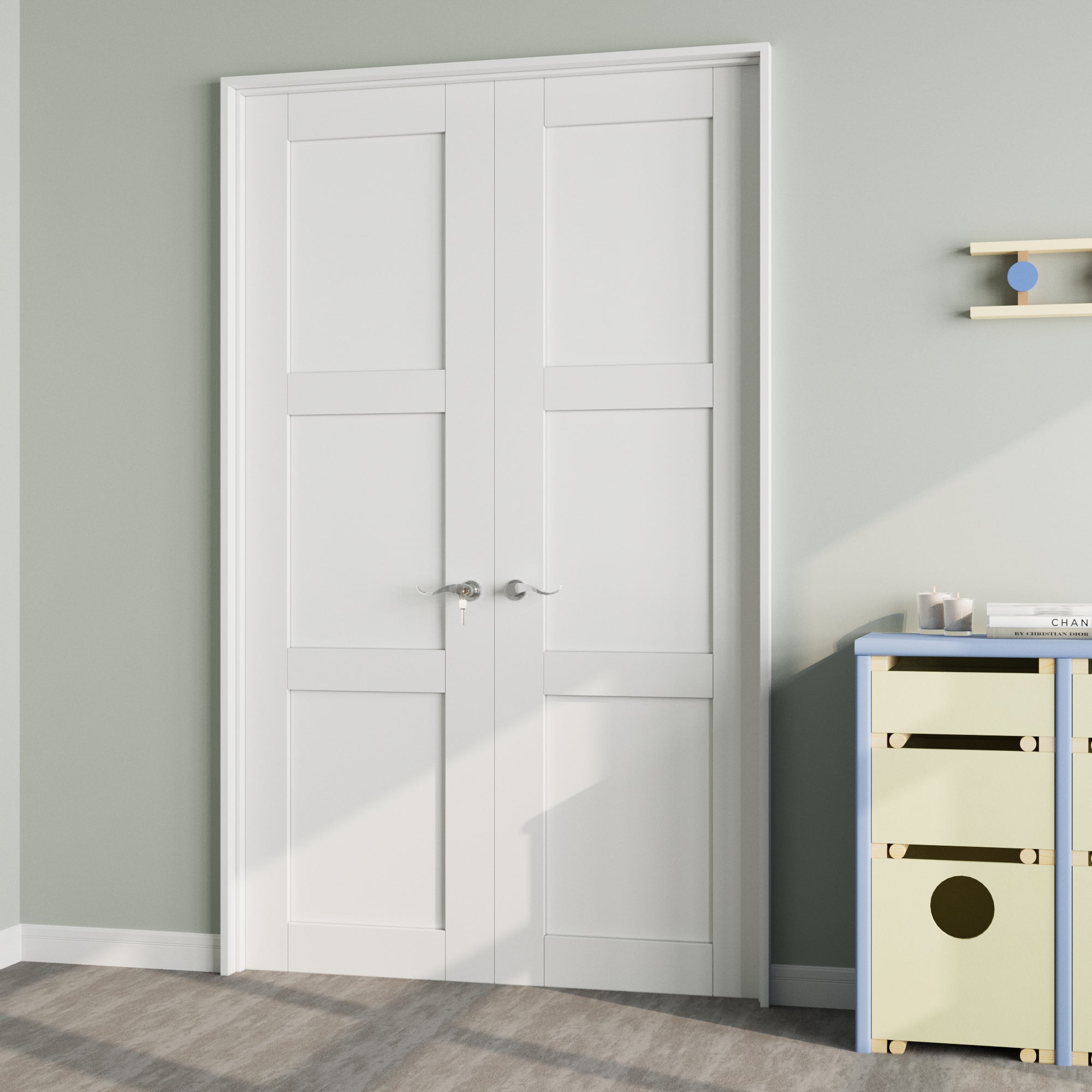 [Silver Hardware Prehung French Door Collection] 3-Lite Panel Molded French Door with Sliver Hardware Kit & Ready-to-Assemble Jamb, Solid Core MDF Wood, White