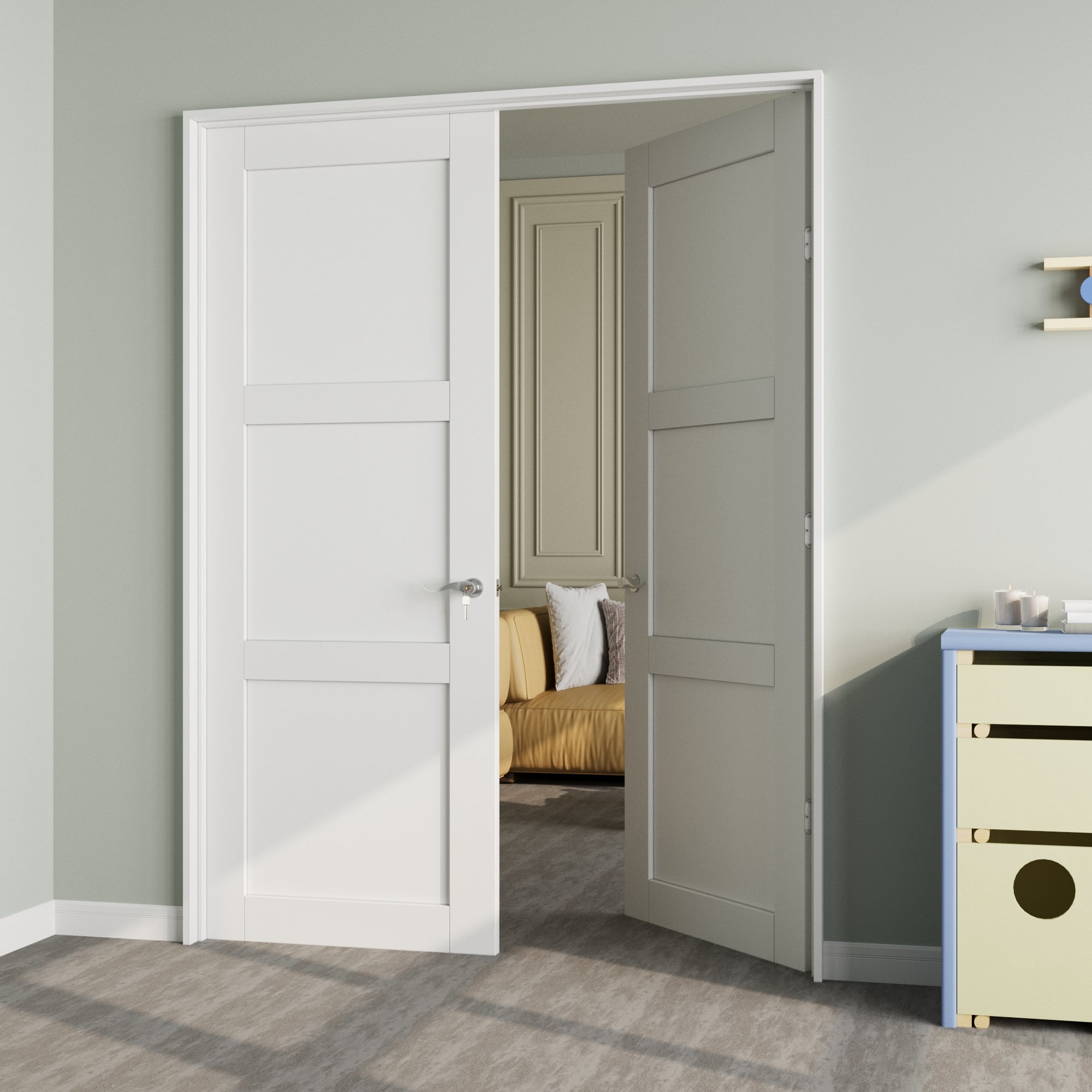 Ark Design 3-Lite Panel French Door with Sliver Hardware Kit & Ready-to-Assemble Jamb, Solid Core MDF Wood, White