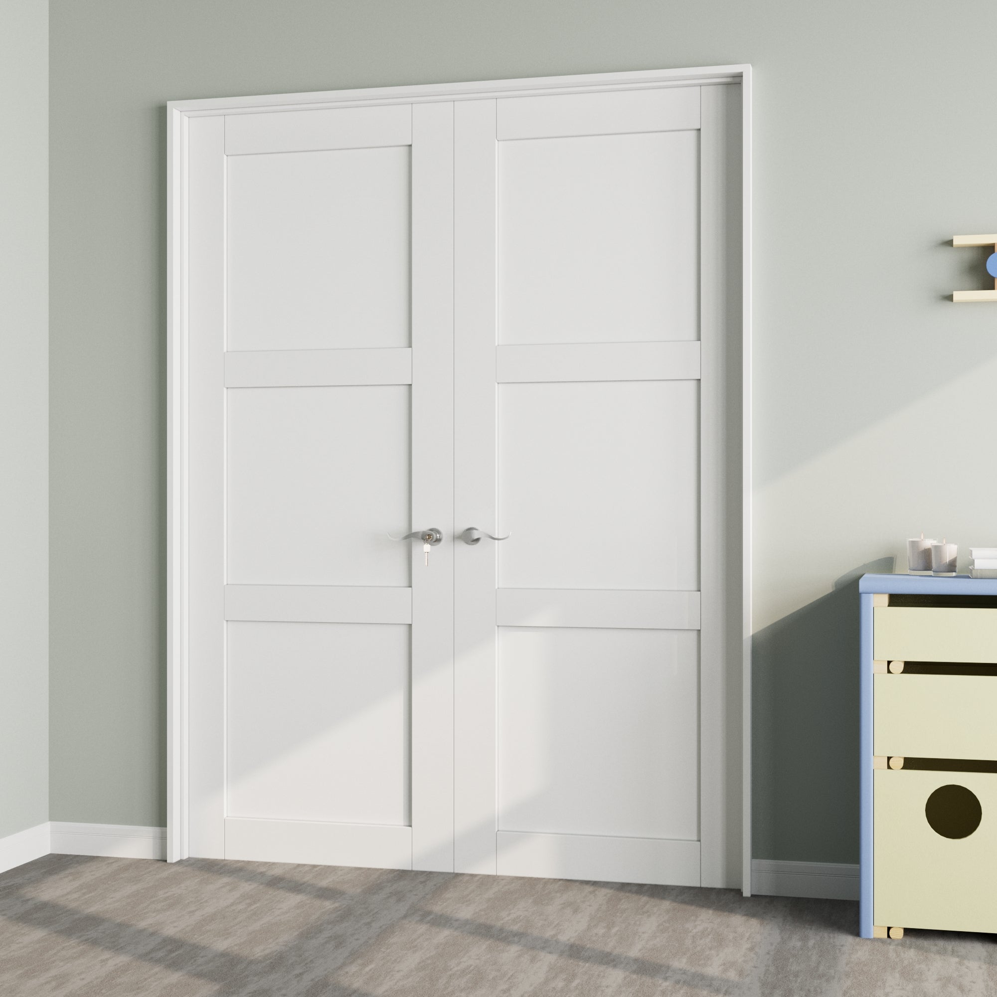 [Silver Hardware Prehung French Door Collection] 3-Lite Panel Molded French Door with Sliver Hardware Kit & Ready-to-Assemble Jamb, Solid Core MDF Wood, White
