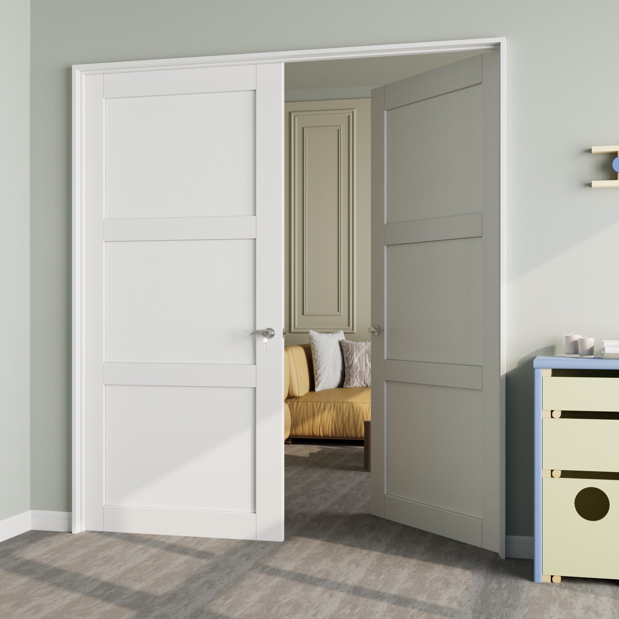[Silver Hardware Prehung French Door Collection] 3-Lite Panel Molded French Door with Sliver Hardware Kit & Ready-to-Assemble Jamb, Solid Core MDF Wood, White