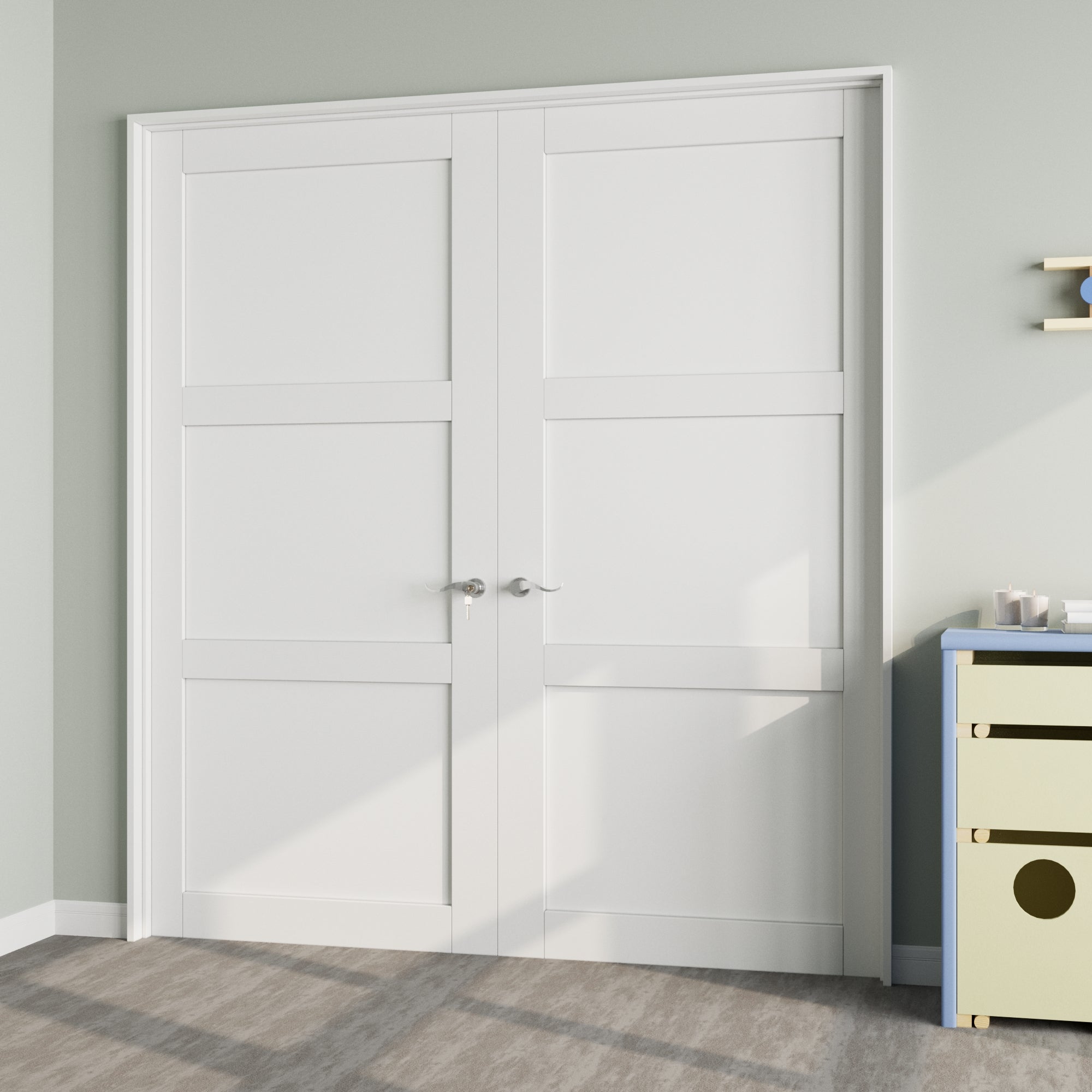 [Silver Hardware Prehung French Door Collection] 3-Lite Panel Molded French Door with Sliver Hardware Kit & Ready-to-Assemble Jamb, Solid Core MDF Wood, White