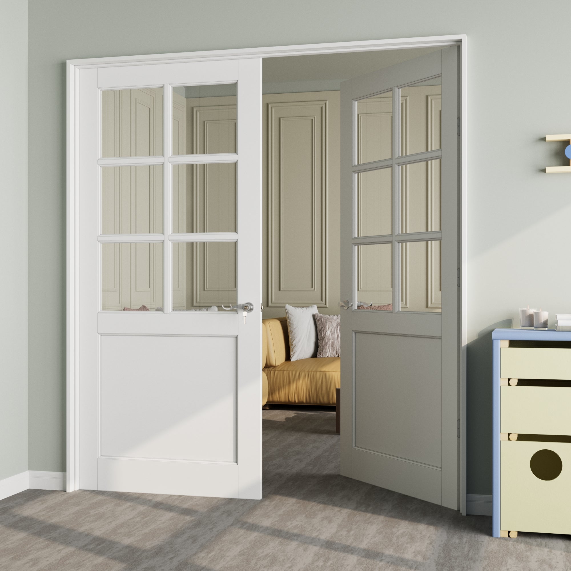 [Silver Hardware Prehung French Door Collection] 6-Lite Clear Glass French Door with Sliver Hardware Kit & Ready-to-Assemble Jamb, Solid Core MDF Wood, White