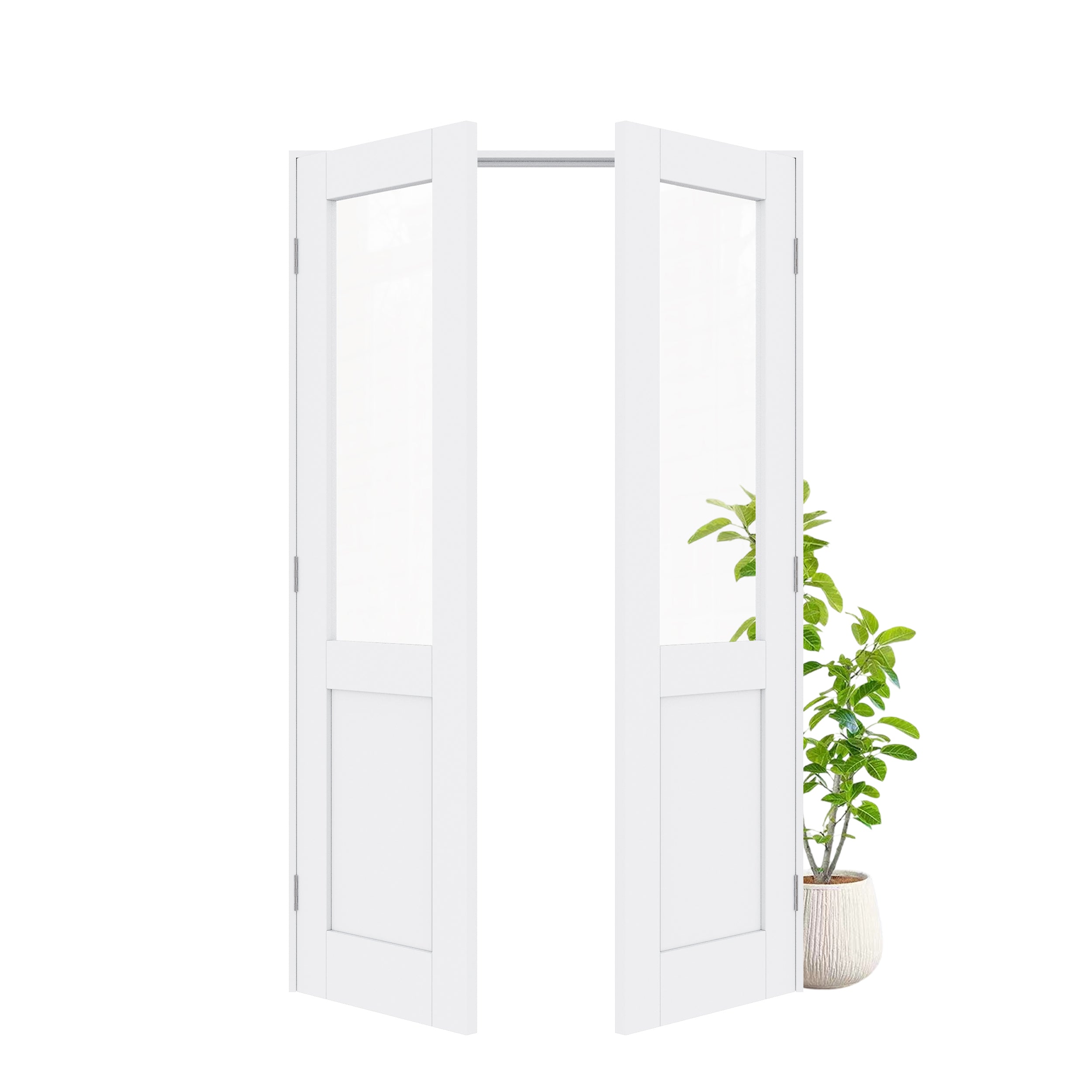 [Silver Hardware Prehung French Door Collection] Half Lite Clear Glass White Solid Core Double Prehung French Door with Sliver Handware kit & Ready-to-Assemble Jamb