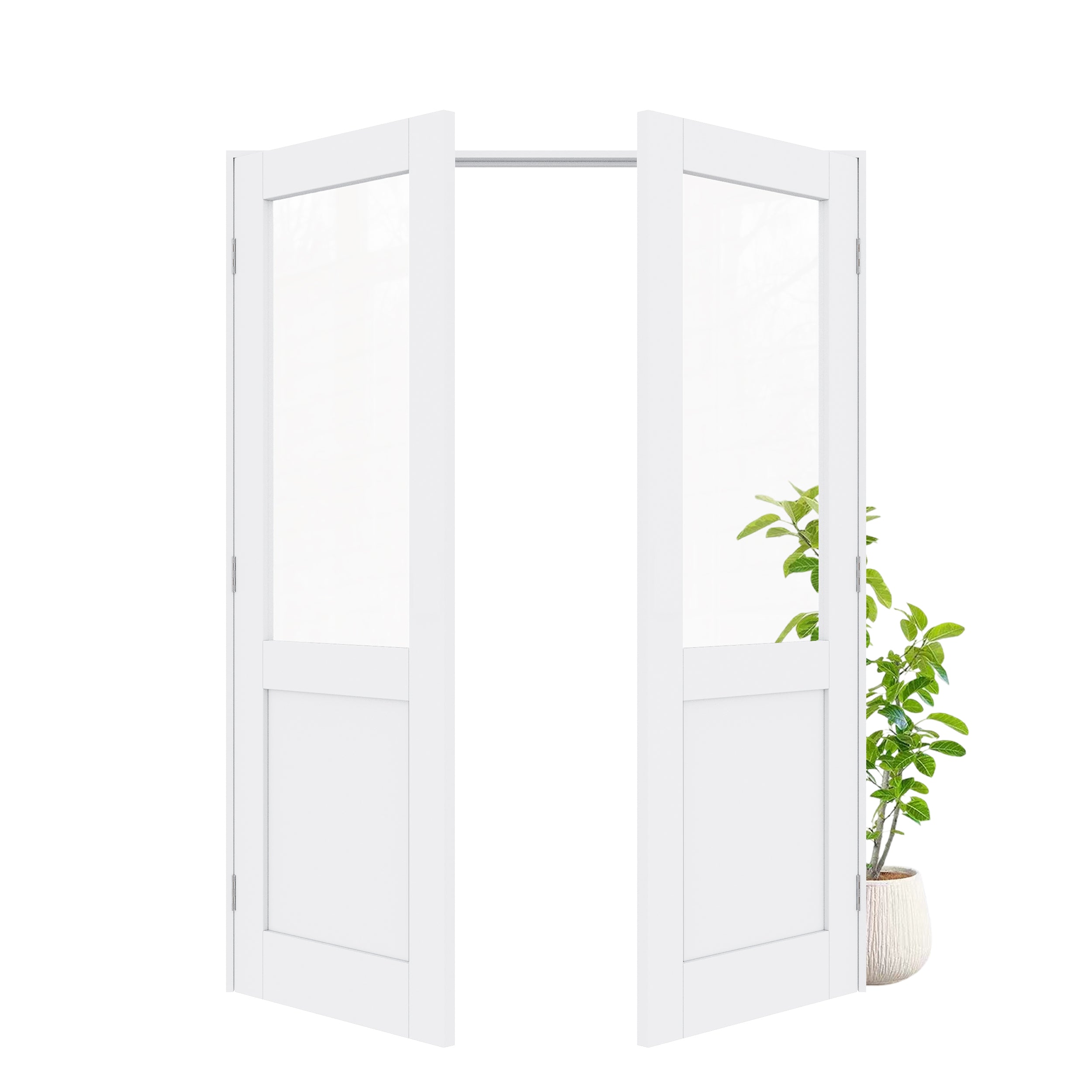 [Silver Hardware Prehung French Door Collection] Half Lite Clear Glass White Solid Core Double Prehung French Door with Sliver Handware kit & Ready-to-Assemble Jamb