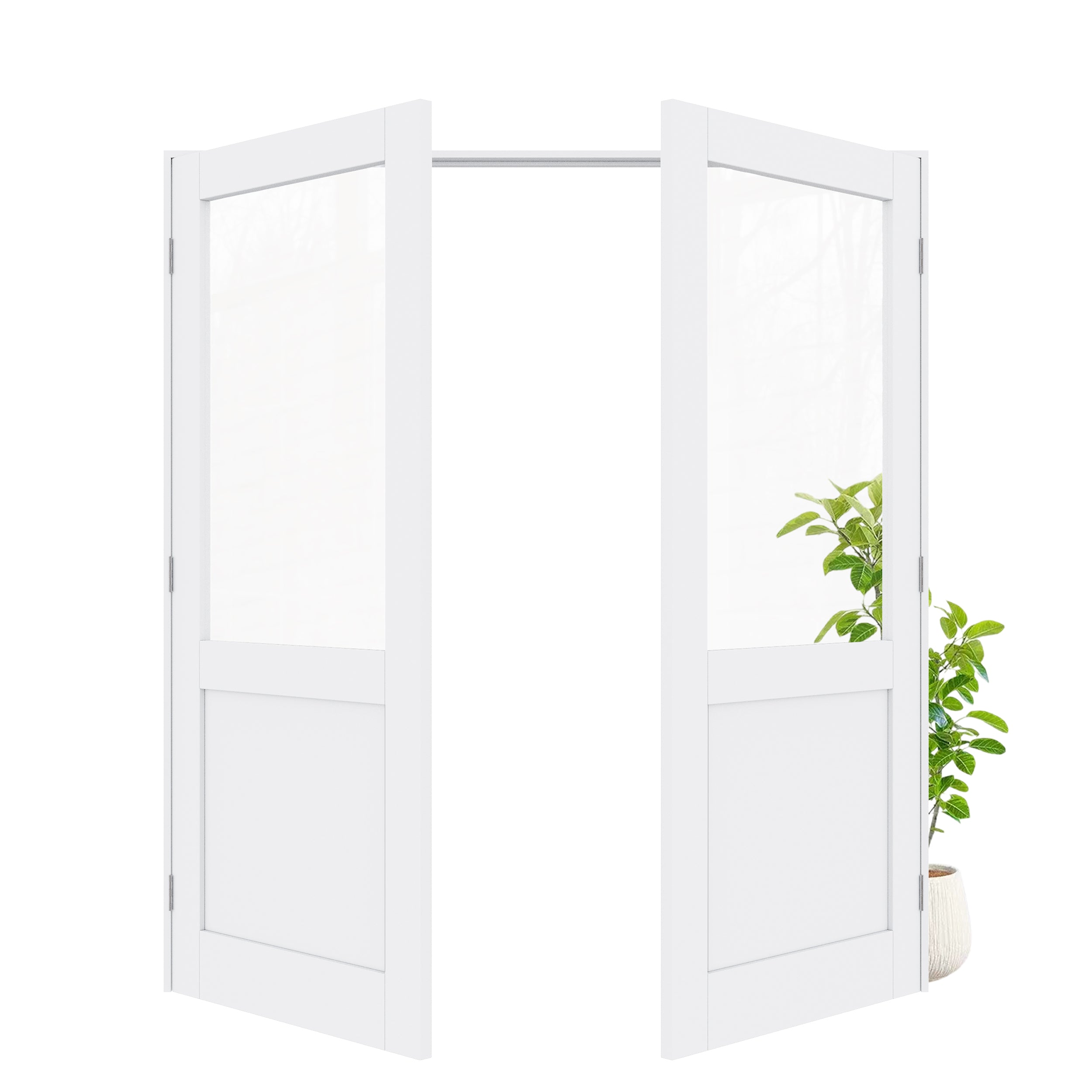 [Silver Hardware Prehung French Door Collection] Half Lite Clear Glass White Solid Core Double Prehung French Door with Sliver Handware kit & Ready-to-Assemble Jamb