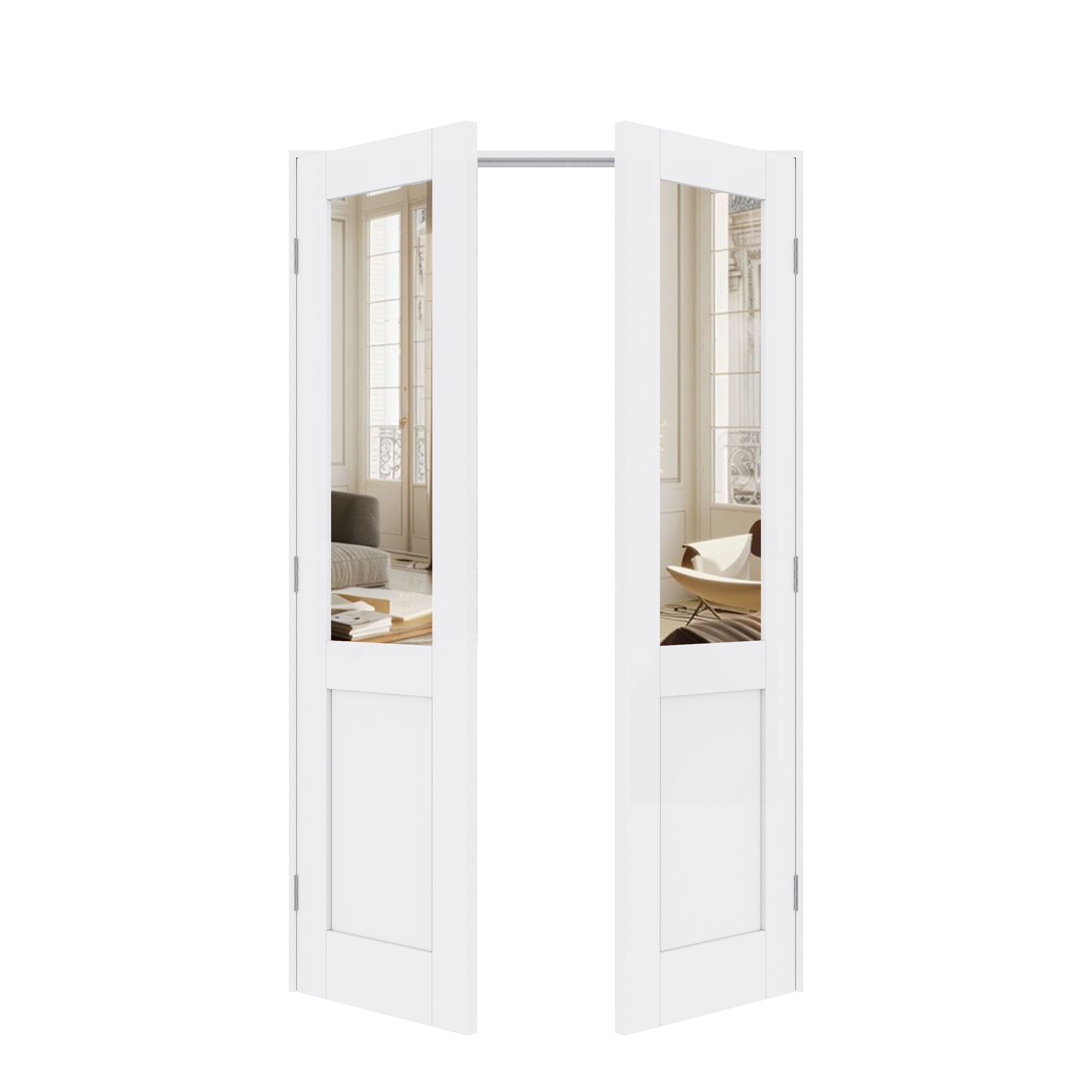 [Silver Hardware Prehung French Door Collection] Half-Lite Mirror White Solid Core Double Prehung French Door with Sliver Handware & Ready-to-Assemble Jamb