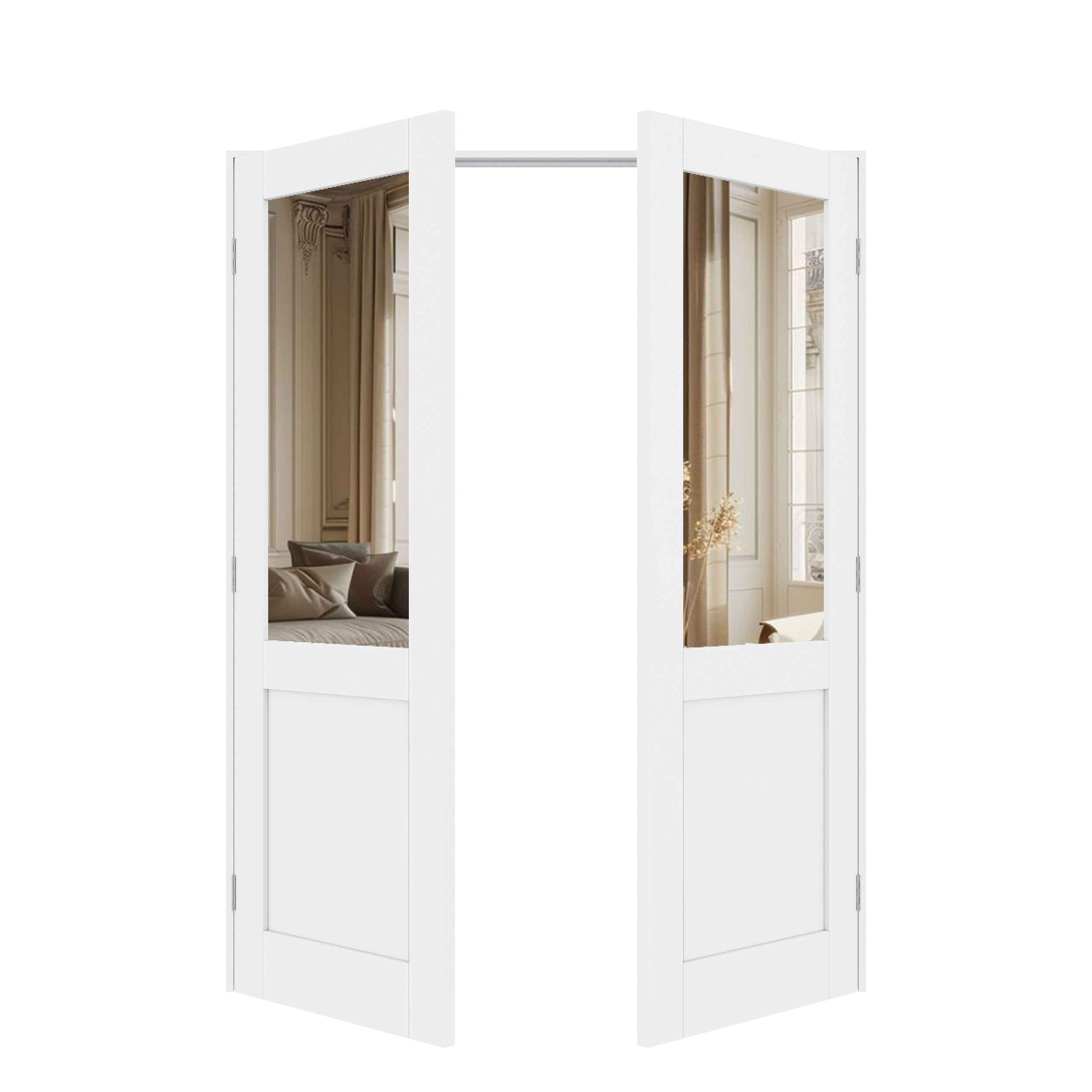 [Silver Hardware Prehung French Door Collection] Half-Lite Mirror White Solid Core Double Prehung French Door with Sliver Handware & Ready-to-Assemble Jamb