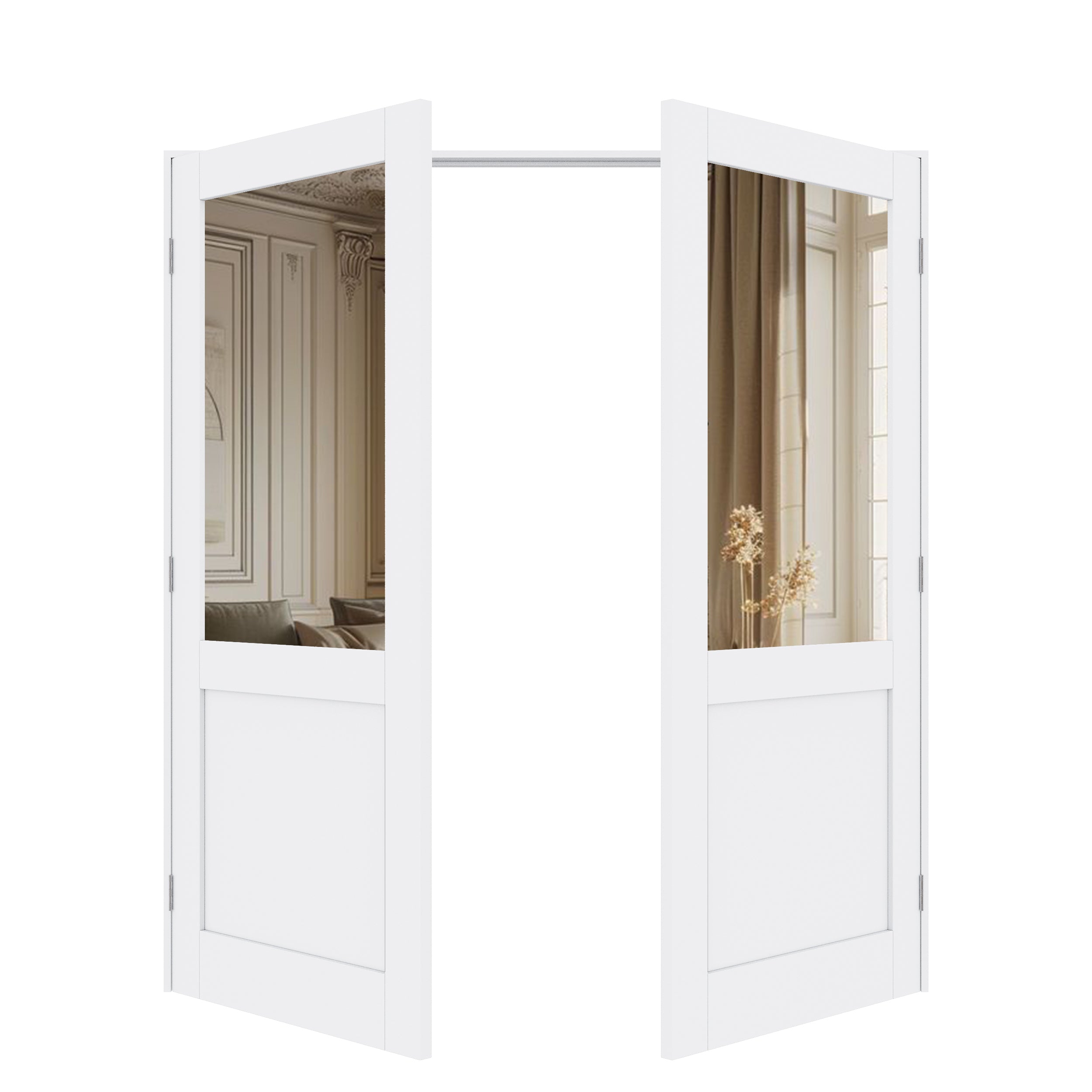 [Silver Hardware Prehung French Door Collection] Half-Lite Mirror White Solid Core Double Prehung French Door with Sliver Handware & Ready-to-Assemble Jamb