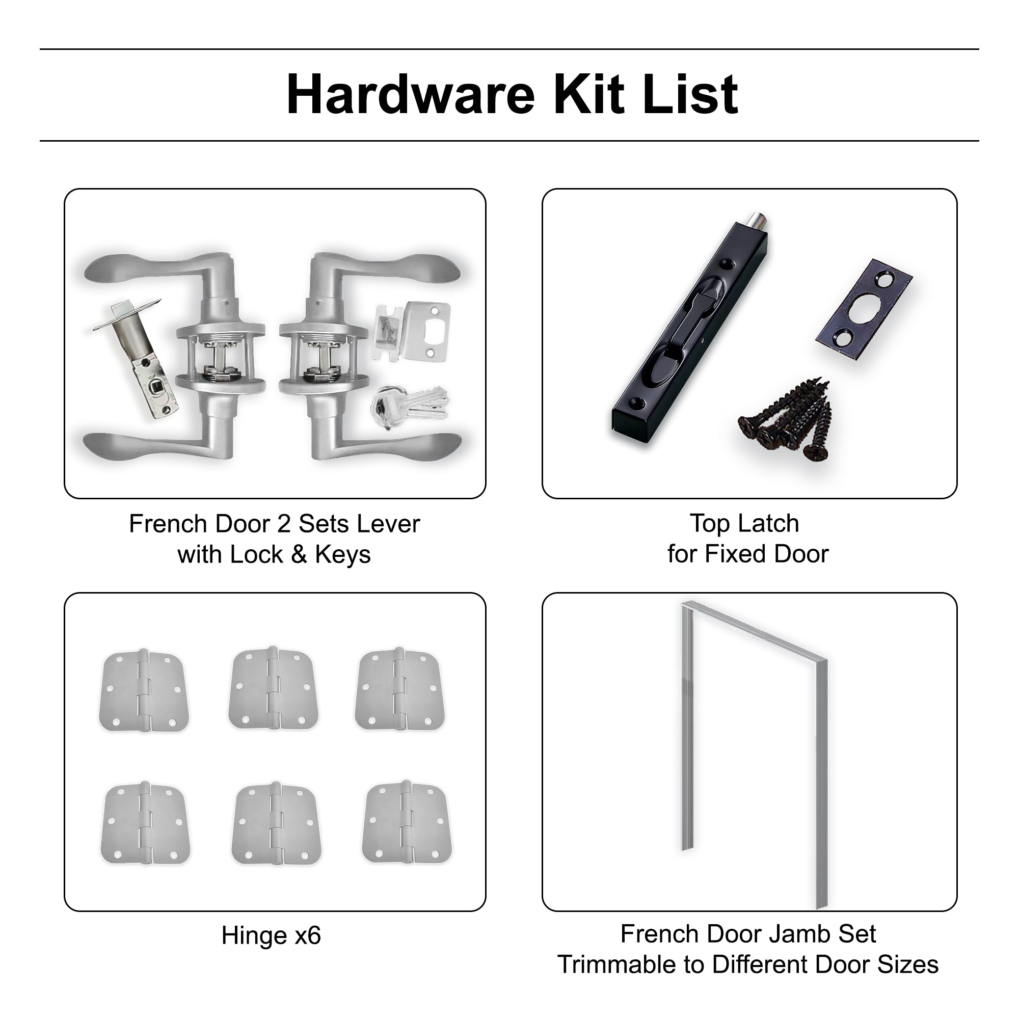 [Silver Hardware Prehung French Door Collection] 3-Lite Clear Glass White Solid Core Double Prehung French Door with Sliver Handware kit & Ready-to-Assemble Jamb