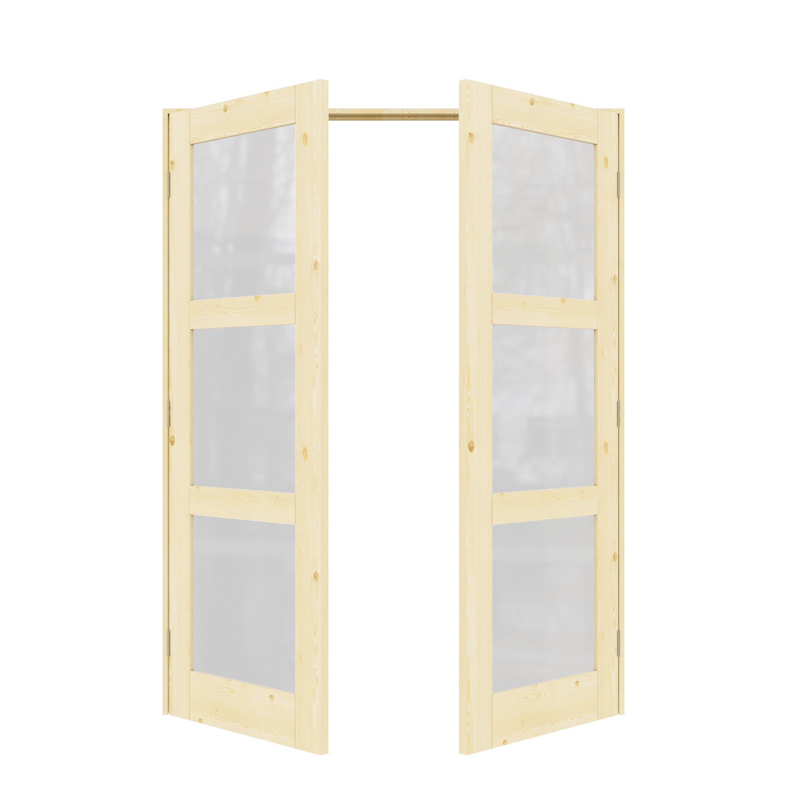 [Silver Hardware Prehung French Door Collection] 3-Lite Frosted Glass,Pine Wood Solid Core Double Prehung French Door with Sliver Handware kit & Ready Assemble Jamb
