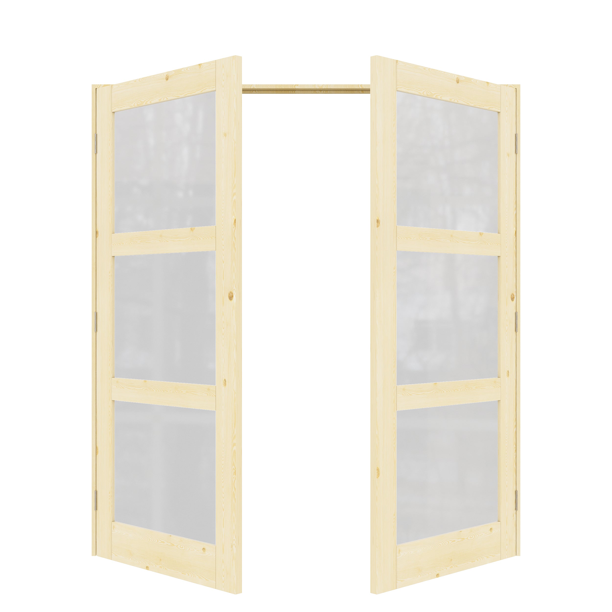 [Silver Hardware Prehung French Door Collection] 3-Lite Frosted Glass,Pine Wood Solid Core Double Prehung French Door with Sliver Handware kit & Ready Assemble Jamb