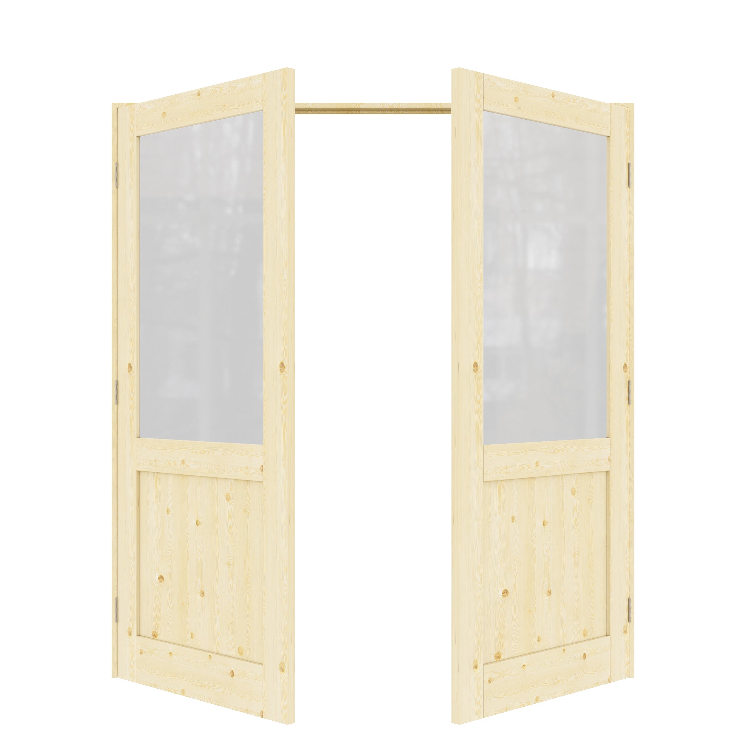 [Silver Hardware Prehung French Door Collection] Half Lite Frosted Glass,Pine Wood Solid Core Double Prehung French Door with Sliver Handware kit & Ready-to-Assemble Jamb